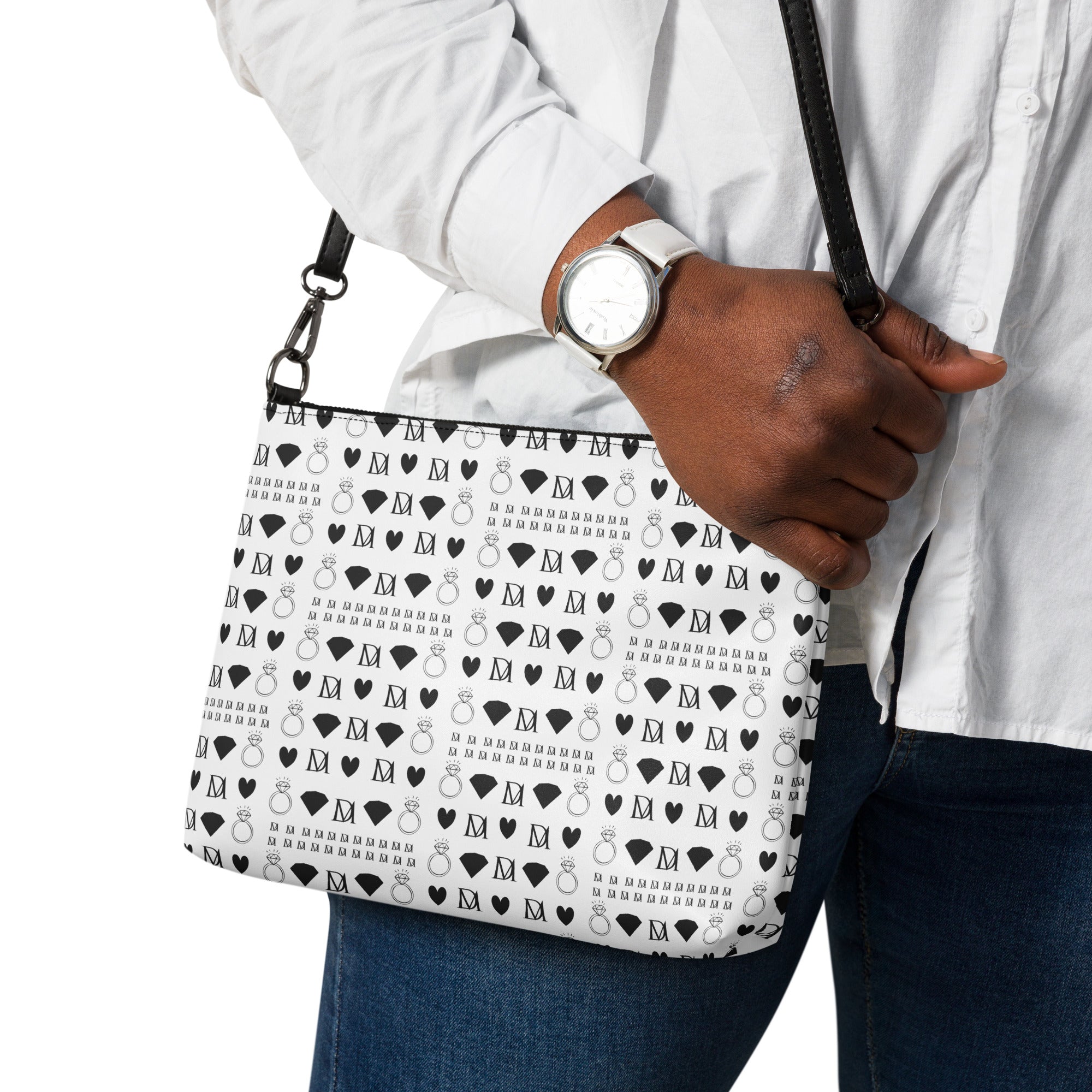 Daemon Luxury Dim Diamonds Artica Blizzard black crossbody bag with all-over print and adjustable strap, front view.