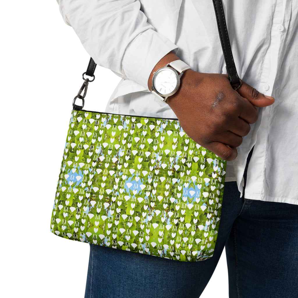 Daemon Luxury Belly Red’s Garden (Rebirth) Borsetta crossbody bag with all-over black floral print, front view.