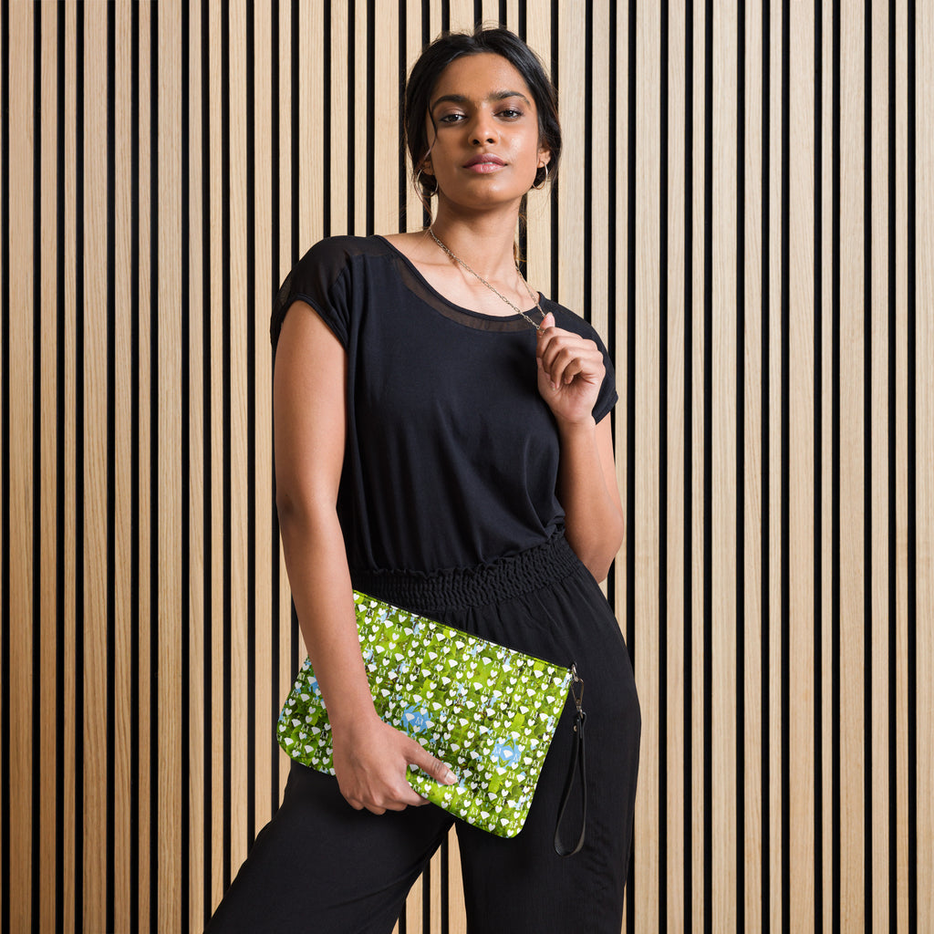 Daemon Luxury Belly Red’s Garden Rebirth Borsetta crossbody bag with all-over black floral print, front view.