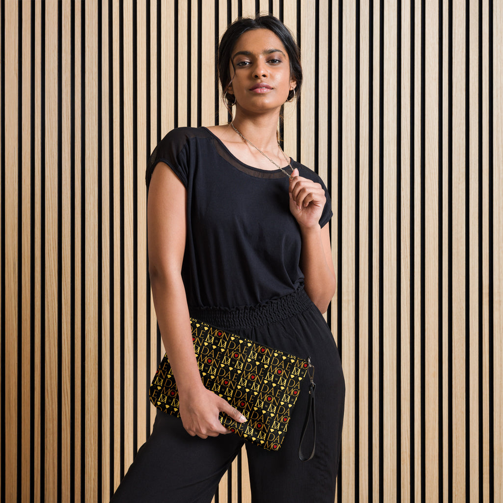 Daemon Luxury Sun Glow California Borsetta crossbody bag with black all-over print, front view showing stylish design and strap details.