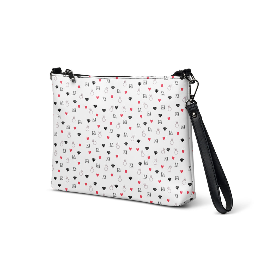 Daemon Luxury Speckled Diamonds Artica Blizzard crossbody bag with black all-over print, displayed from the front left view.
