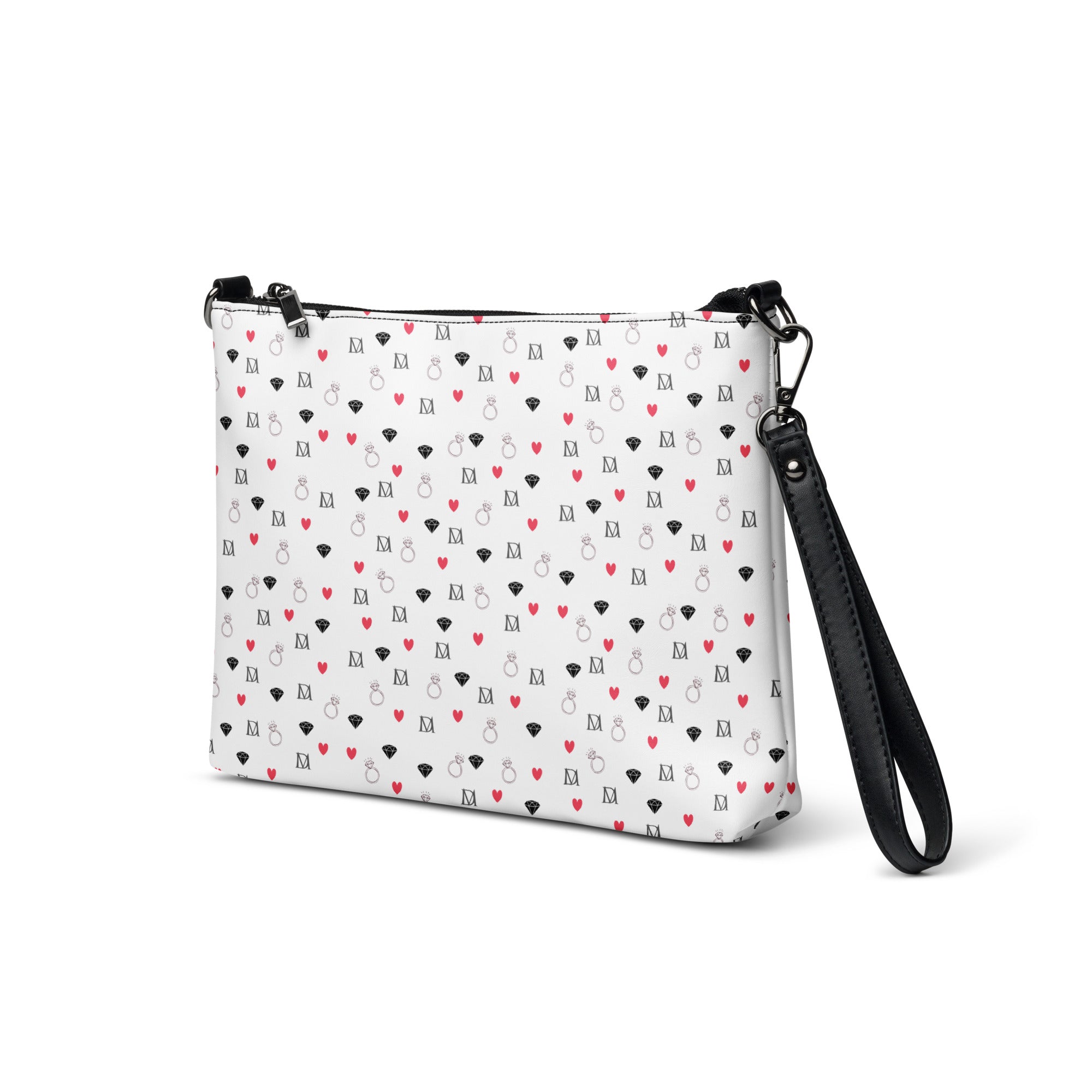 Daemon Luxury Speckled Diamonds Artica Blizzard crossbody bag with black all-over print, displayed from the front left view.