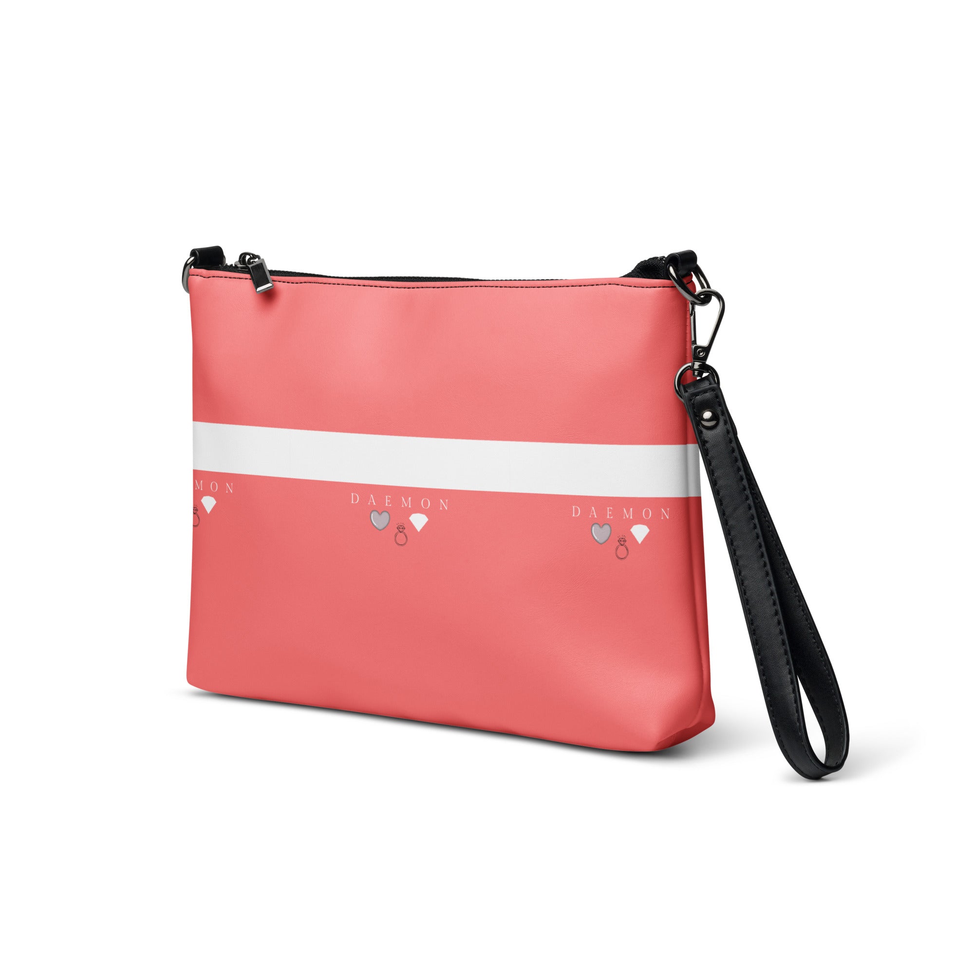 Daemon Luxury SACHI BANS white label crossbody bag with all-over black print, shown from front-left view.