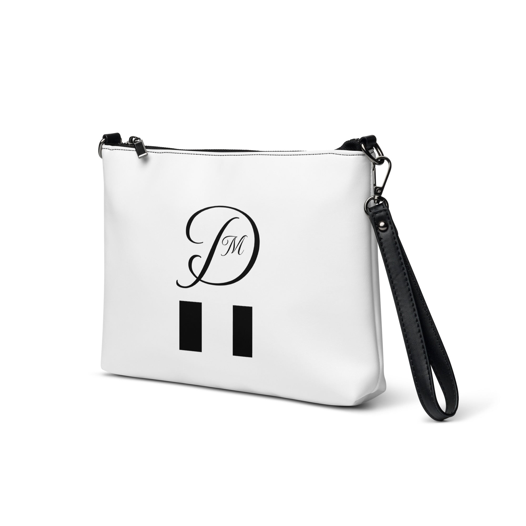 Daemon Luxury Metronome Paris (More Love) Borsetta crossbody bag with all-over black print, viewed from the front left side.