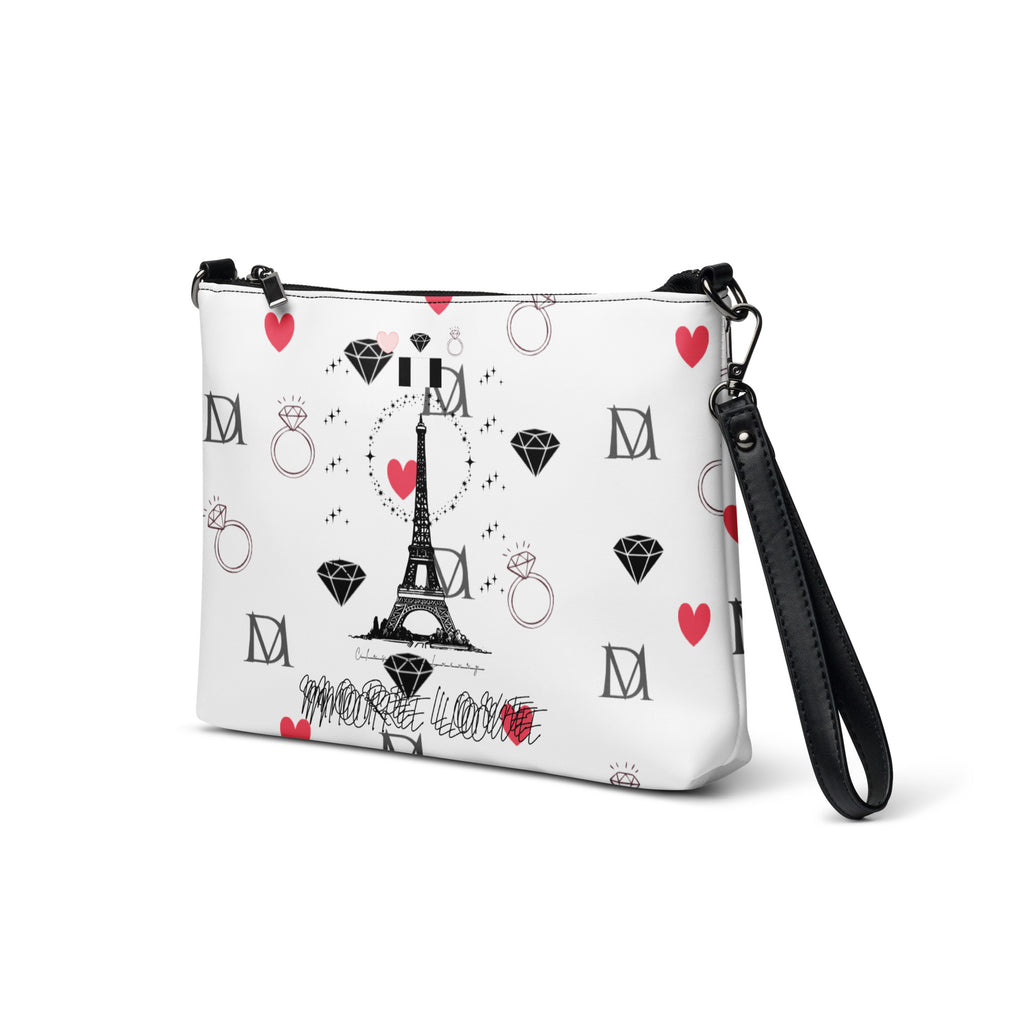 Daemon Luxury Metronome Paris Borsetta crossbody bag with black all-over print, showing the front left view.