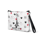 Daemon Luxury Metronome Paris Borsetta crossbody bag with black all-over print, showing the front left view.