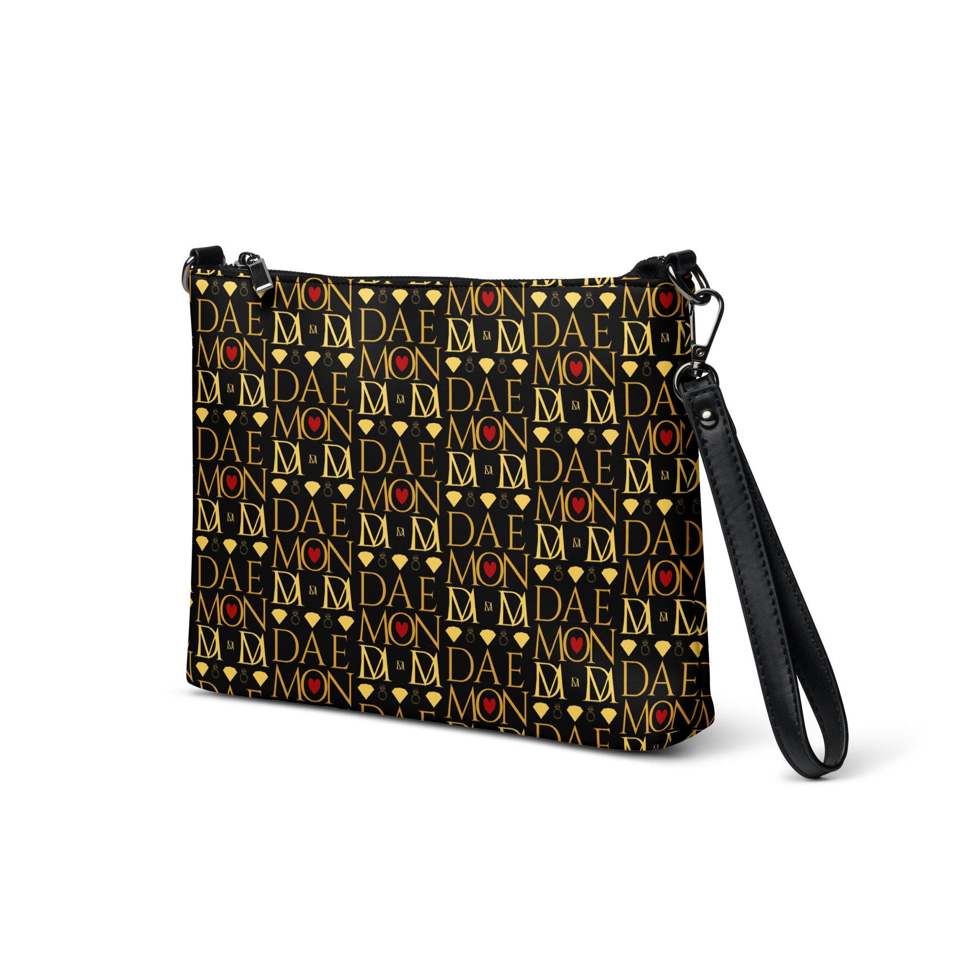 Daemon Luxury Sun Glow California Borsetta crossbody bag with all-over black print, showing front and side view.