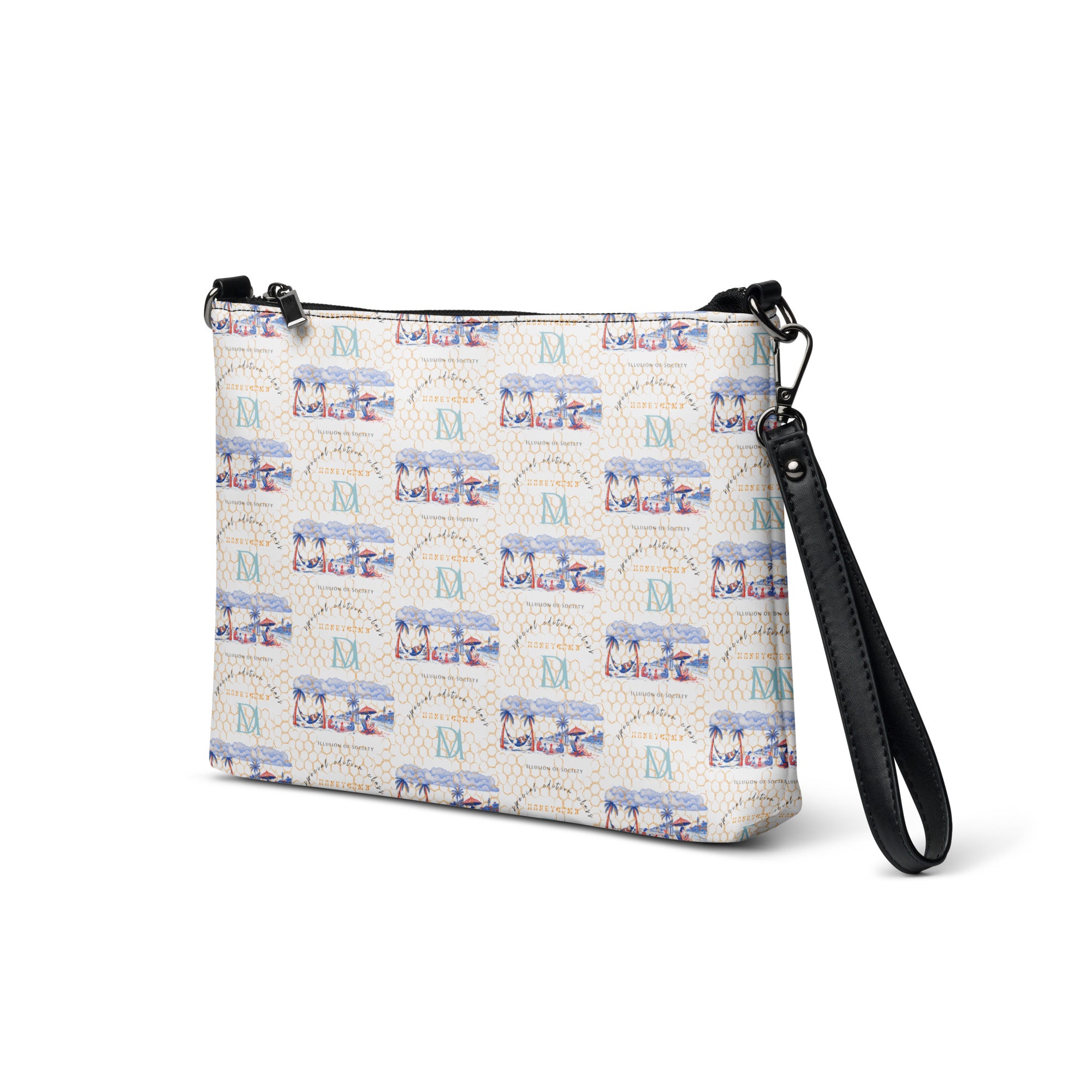 Daemon Luxury Honeybee Intel Forecast Borsetta all-over-print black crossbody bag, front view with adjustable strap