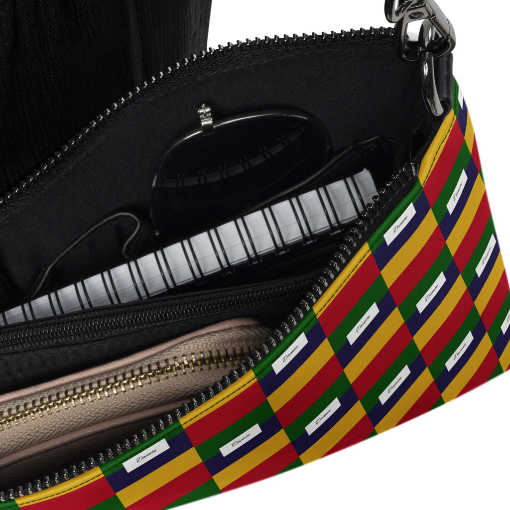 Black Borsetta crossbody bag by Daemon Luxury with all-over white ruby stones print, showcasing detailed design and craftsmanship.