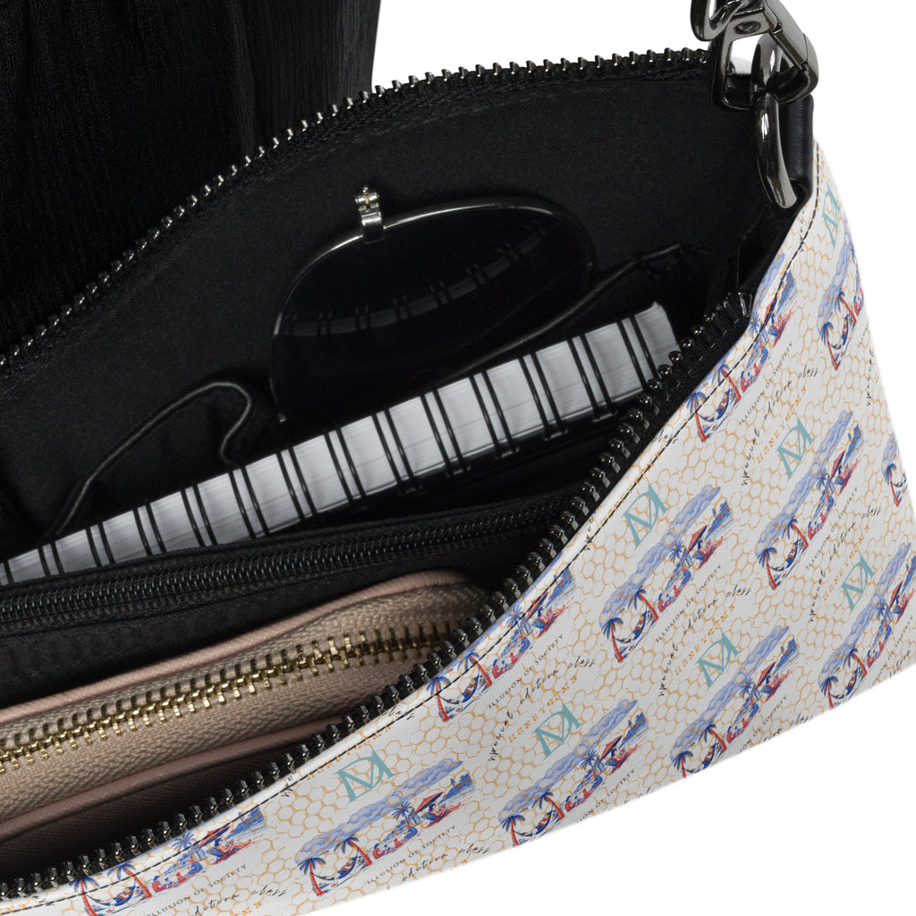 Honeybee Intel Forecast crossbody bag by Daemon Luxury with all-over black print and adjustable strap.