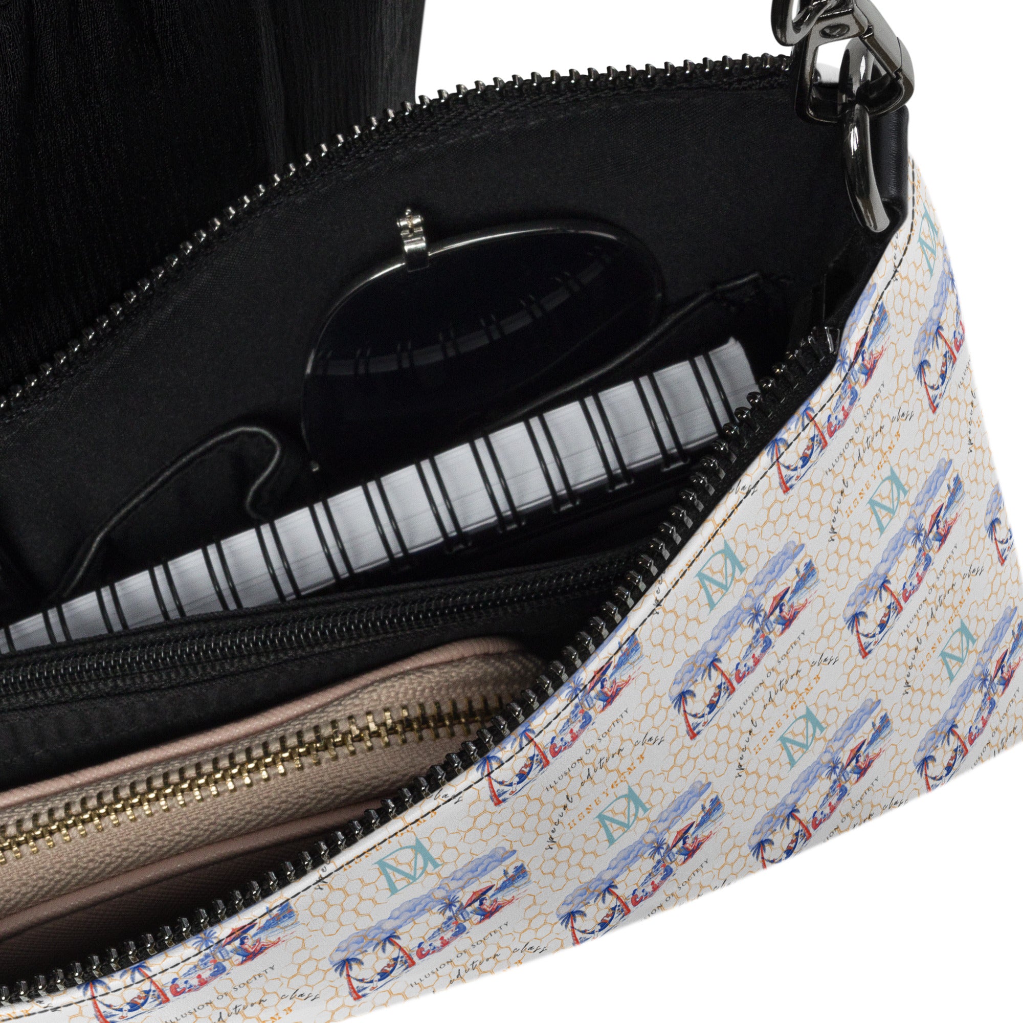Honeybee Intel Forecast crossbody bag by Daemon Luxury with all-over black print and adjustable strap.