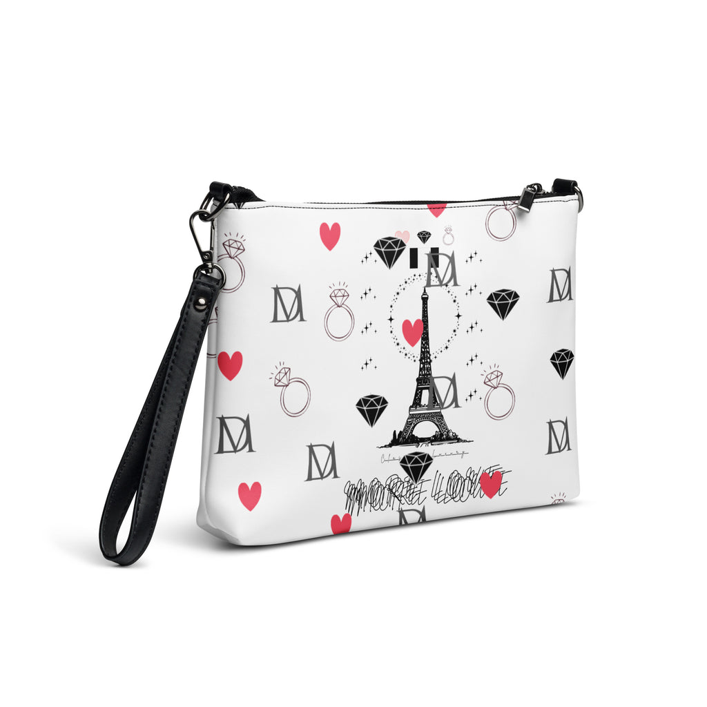 Daemon Luxury Metronome Paris Borsetta crossbody bag with all-over print in black, shown from the right back angle.
