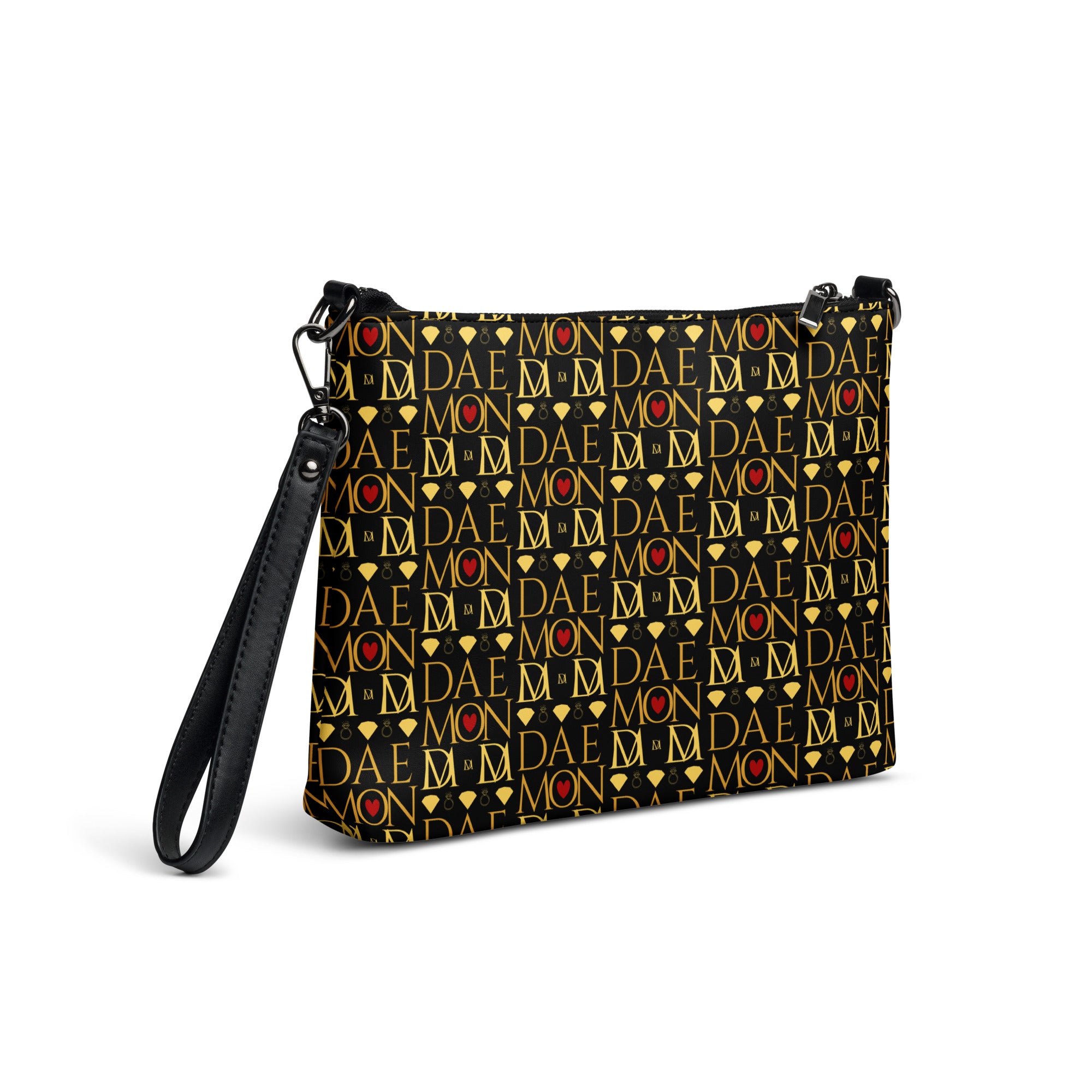Daemon Luxury Sun Glow California Borsetta crossbody bag with all-over black print, showing the right back side.
