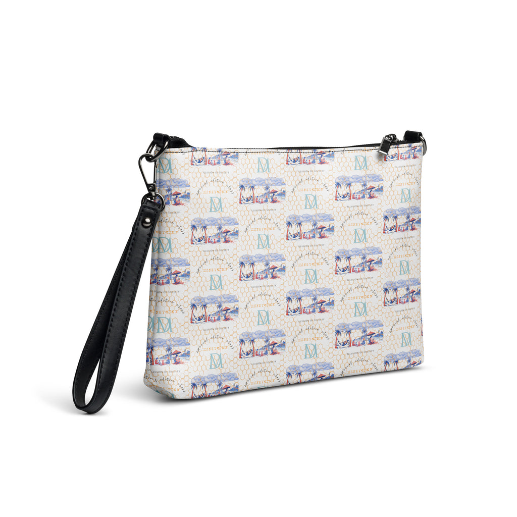Honeybee Intel forecast Borsetta crossbody bag by Daemon Luxury, black with all-over bee print, showing right back view.