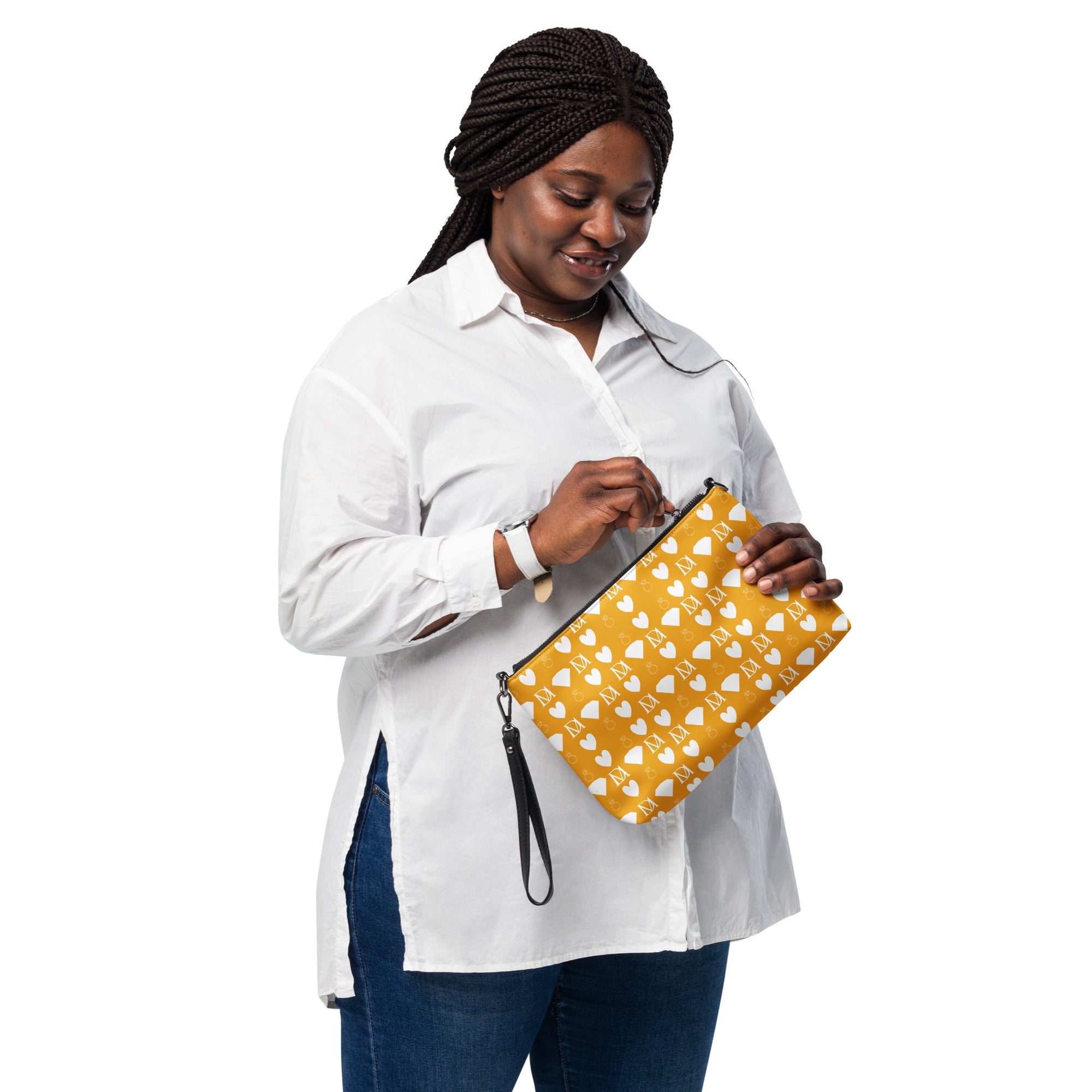 White Borsetta crossbody bag featuring an all-over-print of frosted diamonds and honeybees by Daemon Luxury.
