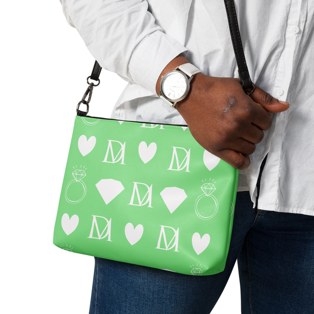Daemon Frosted Diamonds BELLY REDS Garden crossbody bag with all-over white print and vibrant red diamond pattern.