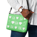 Daemon Frosted Diamonds BELLY REDS Garden crossbody bag with all-over white print and vibrant red diamond pattern.