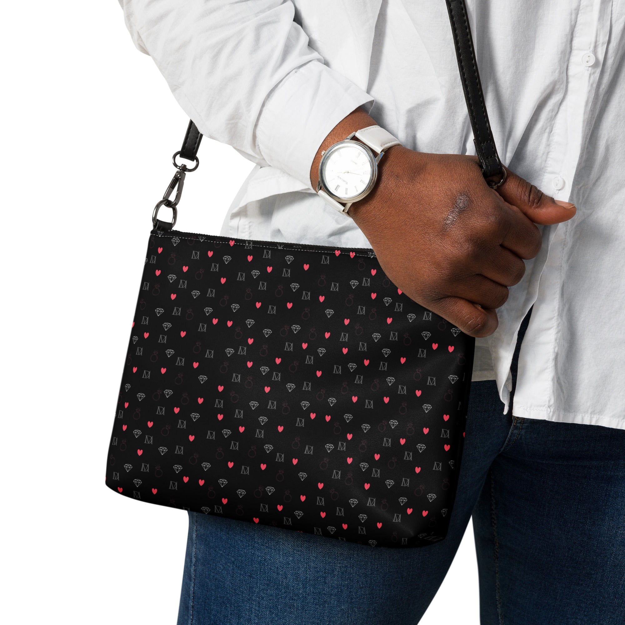 Daemon Luxury Speckled Diamonds Borsetta crossbody bag with all-over white print and stylish design.