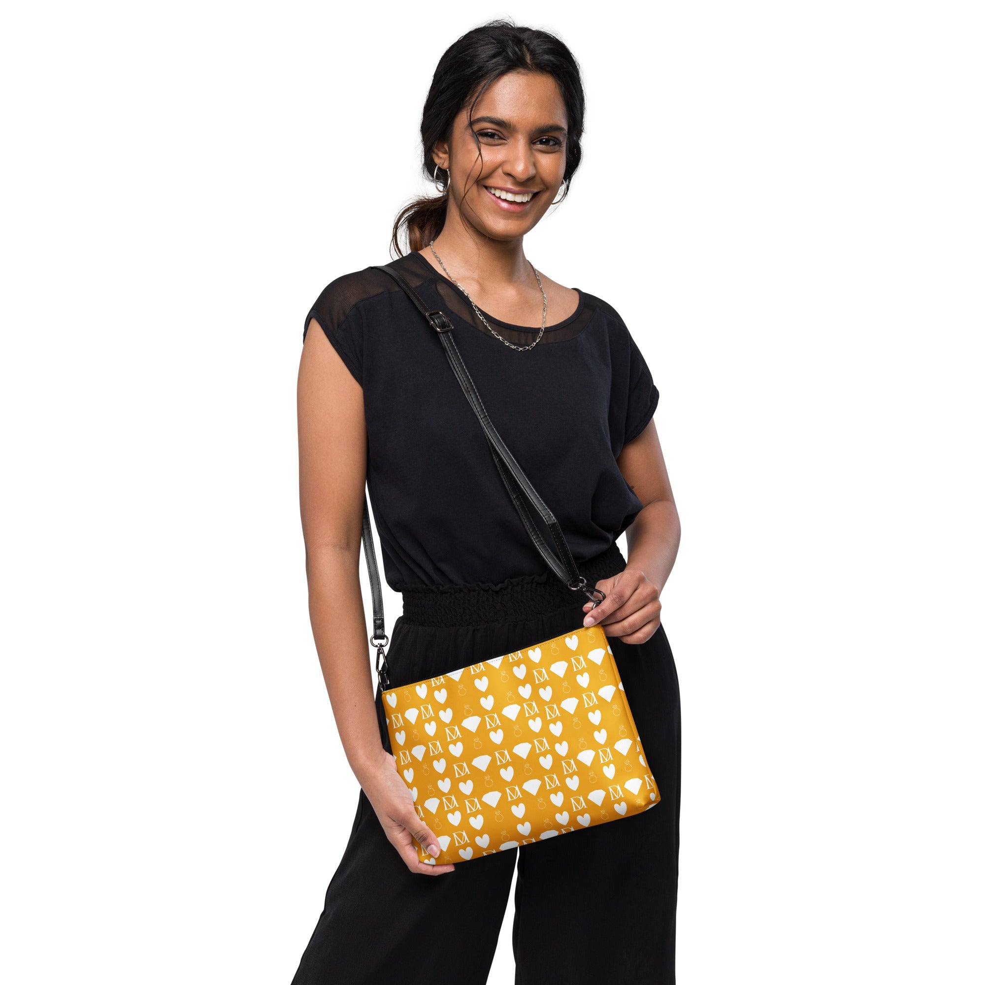 White Borsetta crossbody bag with all-over frosted diamond pattern from Daemon Luxury, featuring a sleek, modern design.