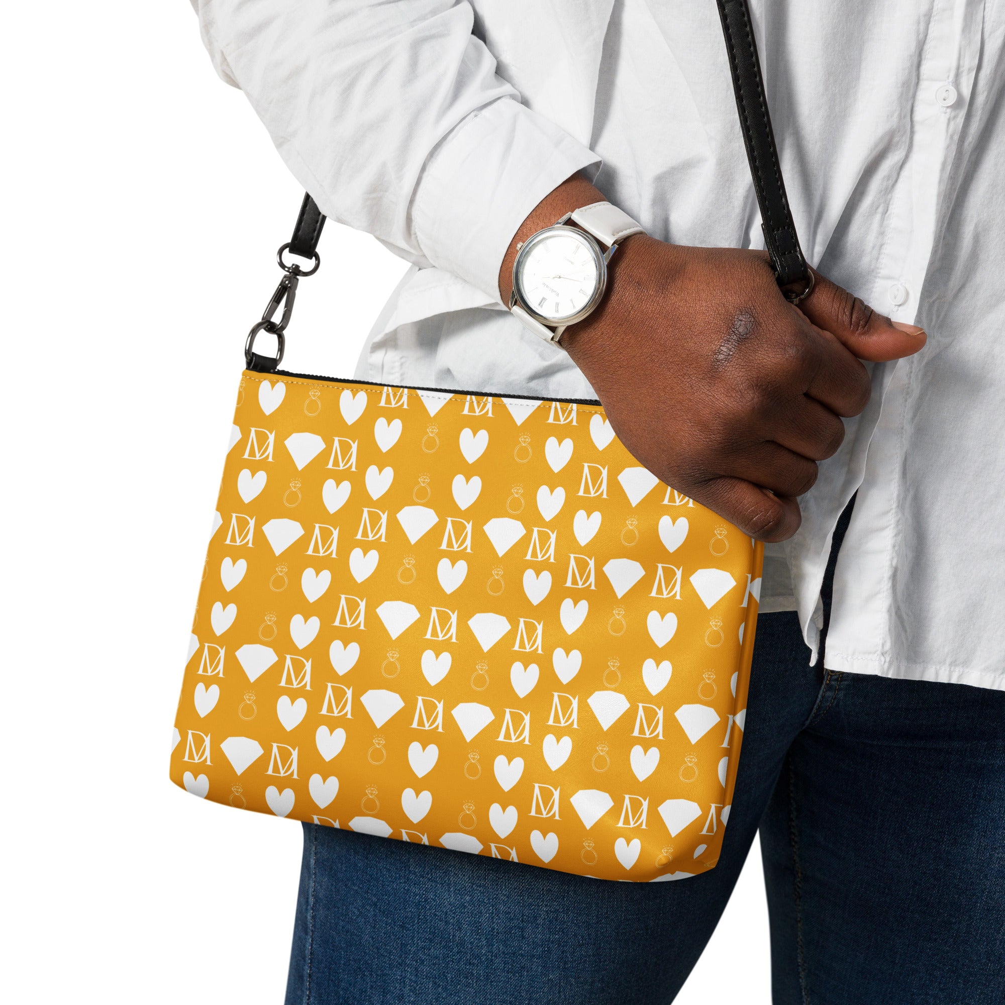White Daemon Luxury Frosted Diamonds crossbody bag with all-over-print design and tarmin honeybee pattern.