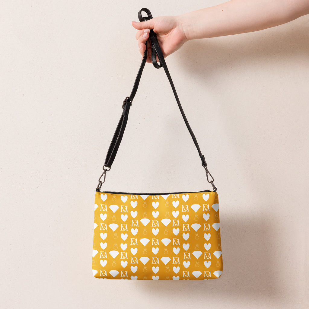 White Borsetta crossbody bag with all-over frost diamond pattern and Tarmin Honeybees design by Daemon Luxury.