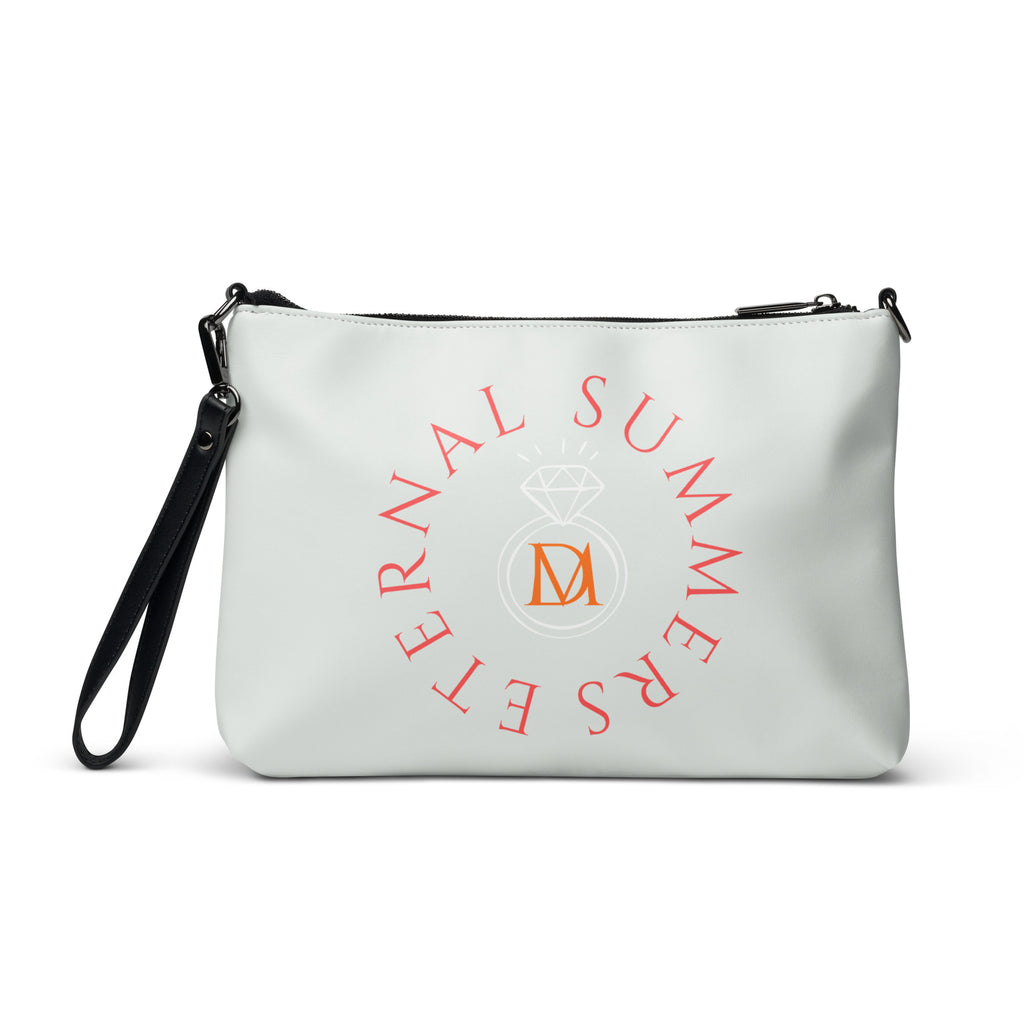 White all-over-print crossbody bag featuring the Darkroad (For Eternity) motif by Daemon Luxury, with a sleek, compact design.