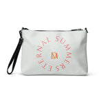 White all-over-print crossbody bag featuring the Darkroad (For Eternity) motif by Daemon Luxury, with a sleek, compact design.