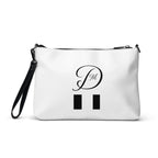 White all-over-print crossbody bag with "More Love" and Paris motif by Daemon Luxury, featuring a compact, stylish design.
