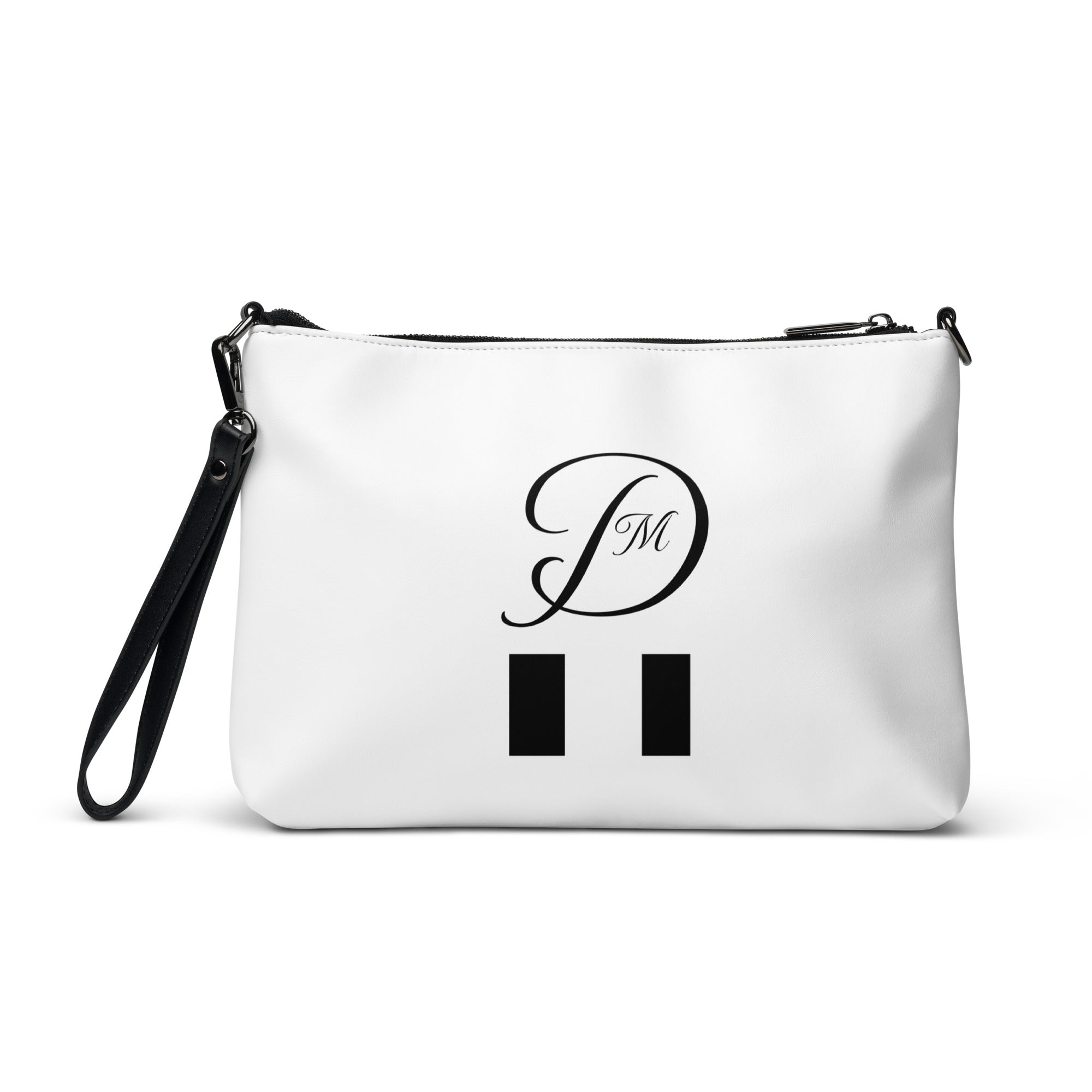 White all-over-print crossbody bag with "More Love" and Paris motif by Daemon Luxury, featuring a compact, stylish design.