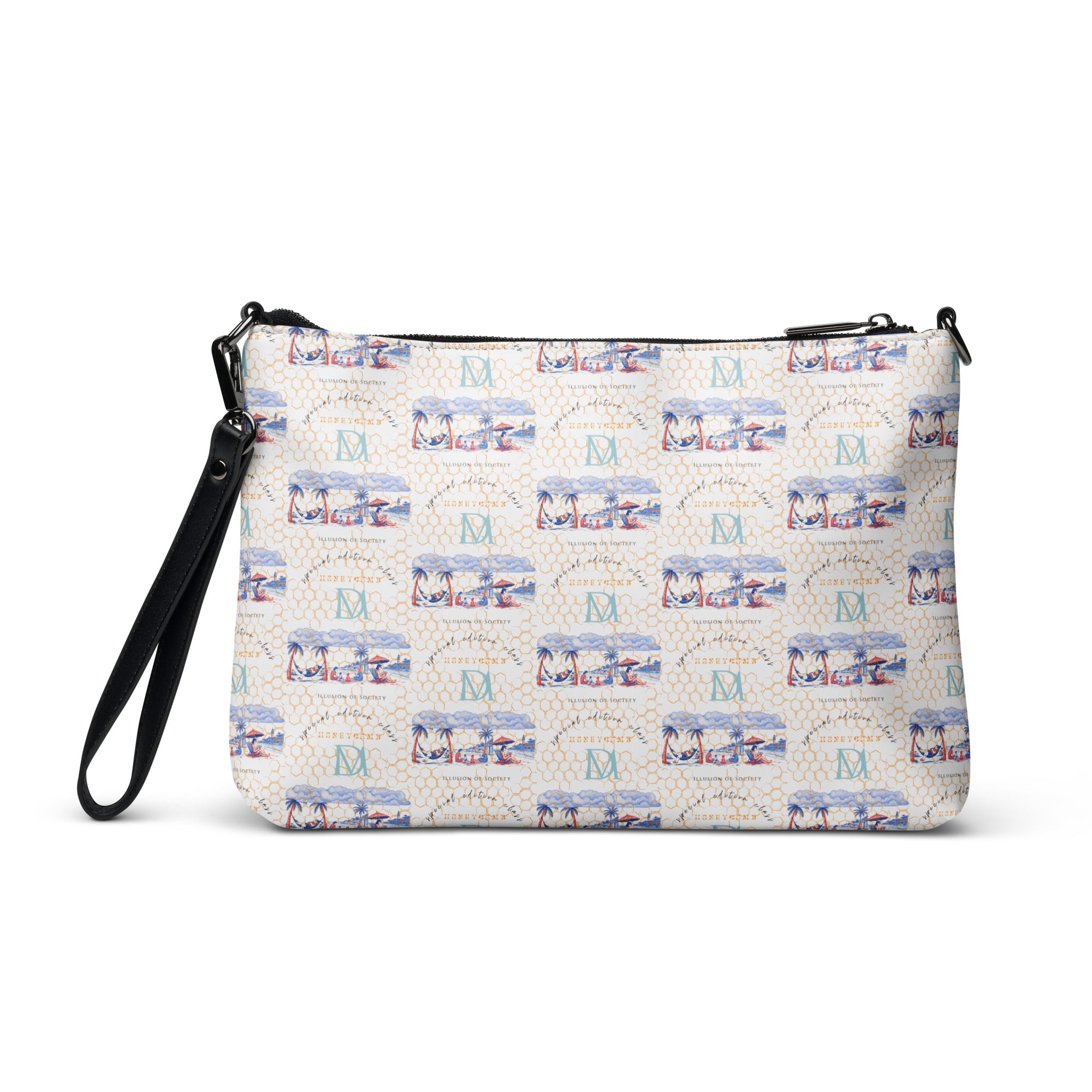 Honeybee Intel Forecast Borsetta crossbody bag by Daemon Luxury with all-over white print and adjustable strap.