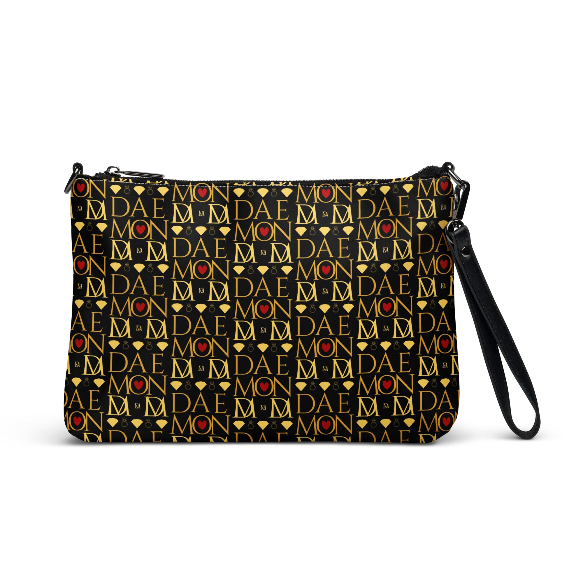 Daemon Luxury Sun Glow California Borsetta crossbody bag with all-over white and colorful print, front view.