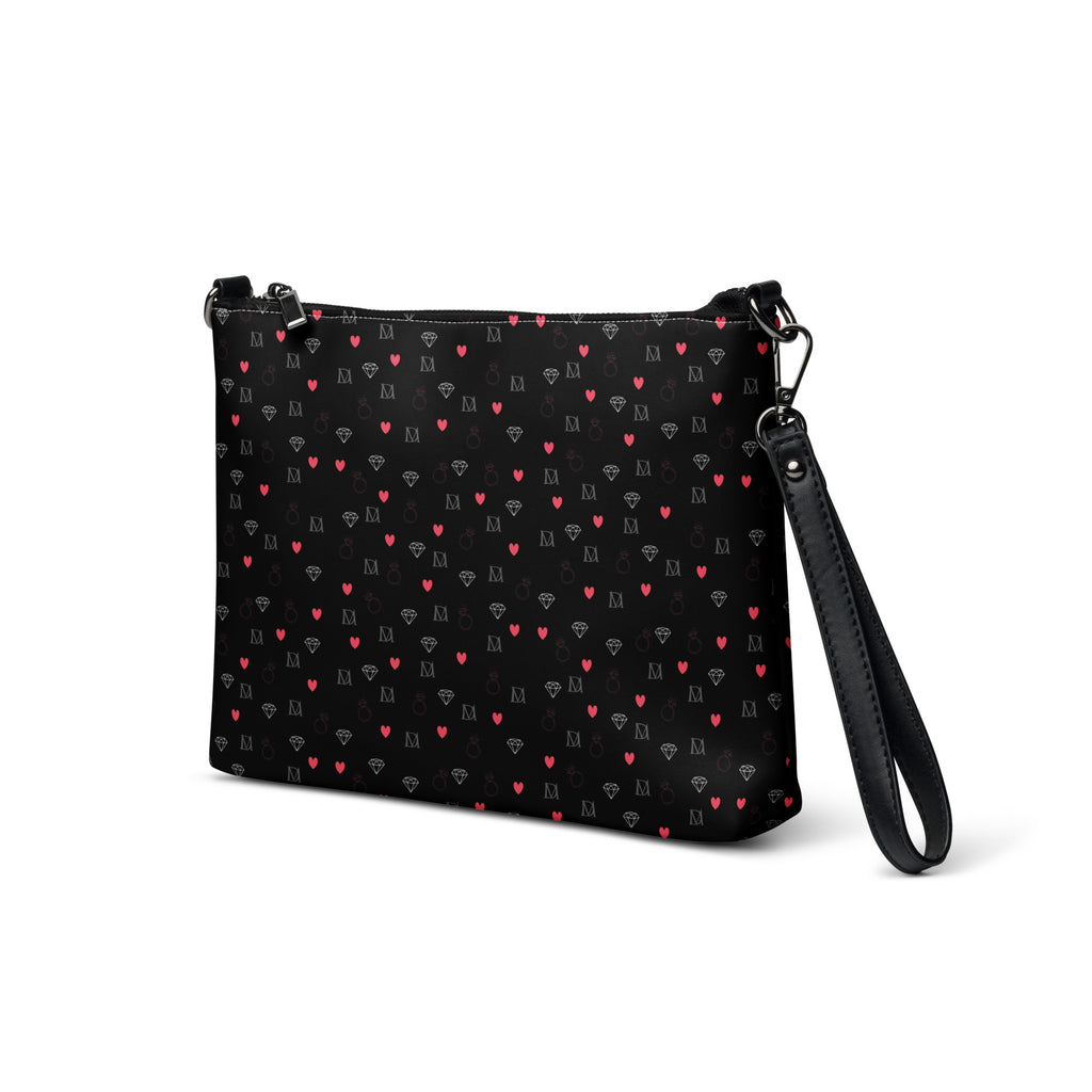 White Daemon Luxury Speckled Diamonds NEMESIS Borsetta crossbody bag with all-over diamond print, front view.
