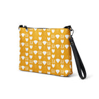 White all-over-print crossbody bag featuring frosted diamond and Tarmin Honeybees design from Daemon Luxury Borsetta collection.
