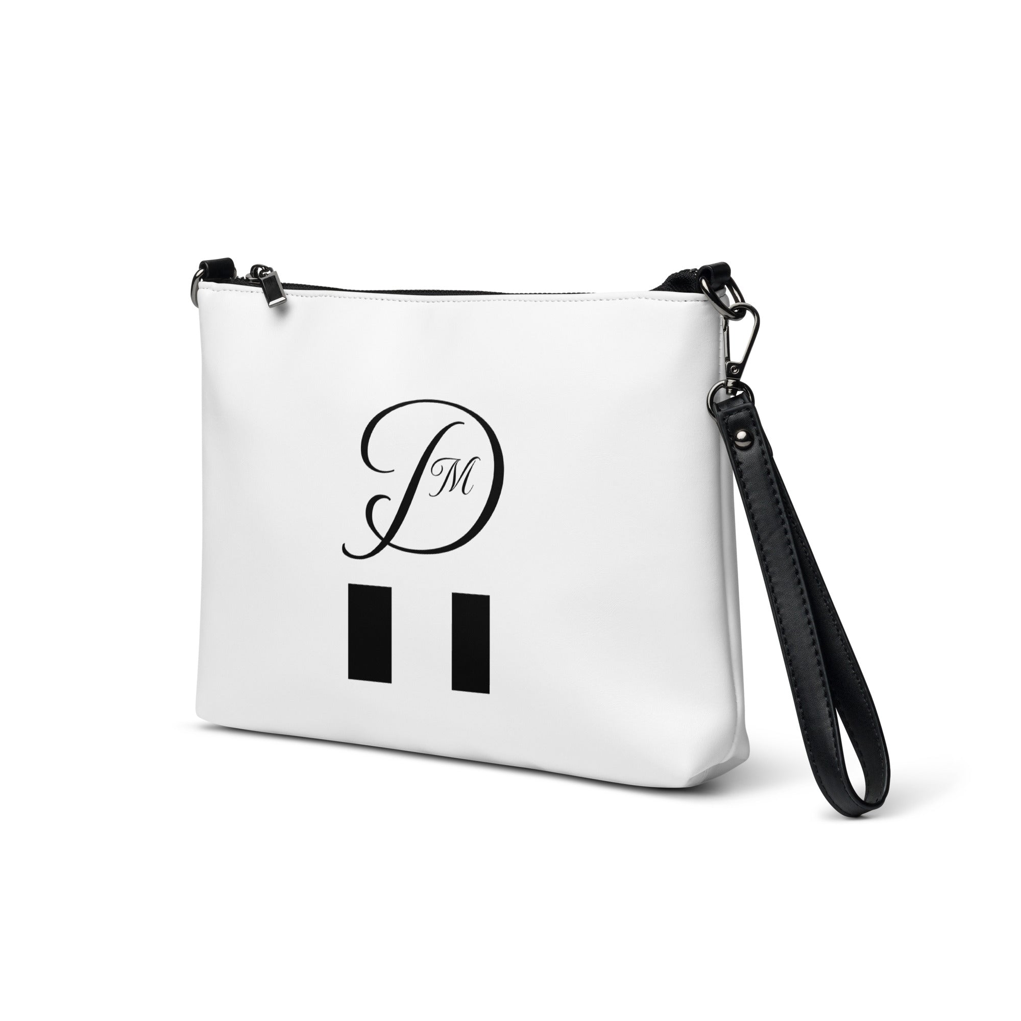 Daemon Luxury Metronome Paris crossbody bag with all-over print, white color, left front view, stylish and compact accessory.