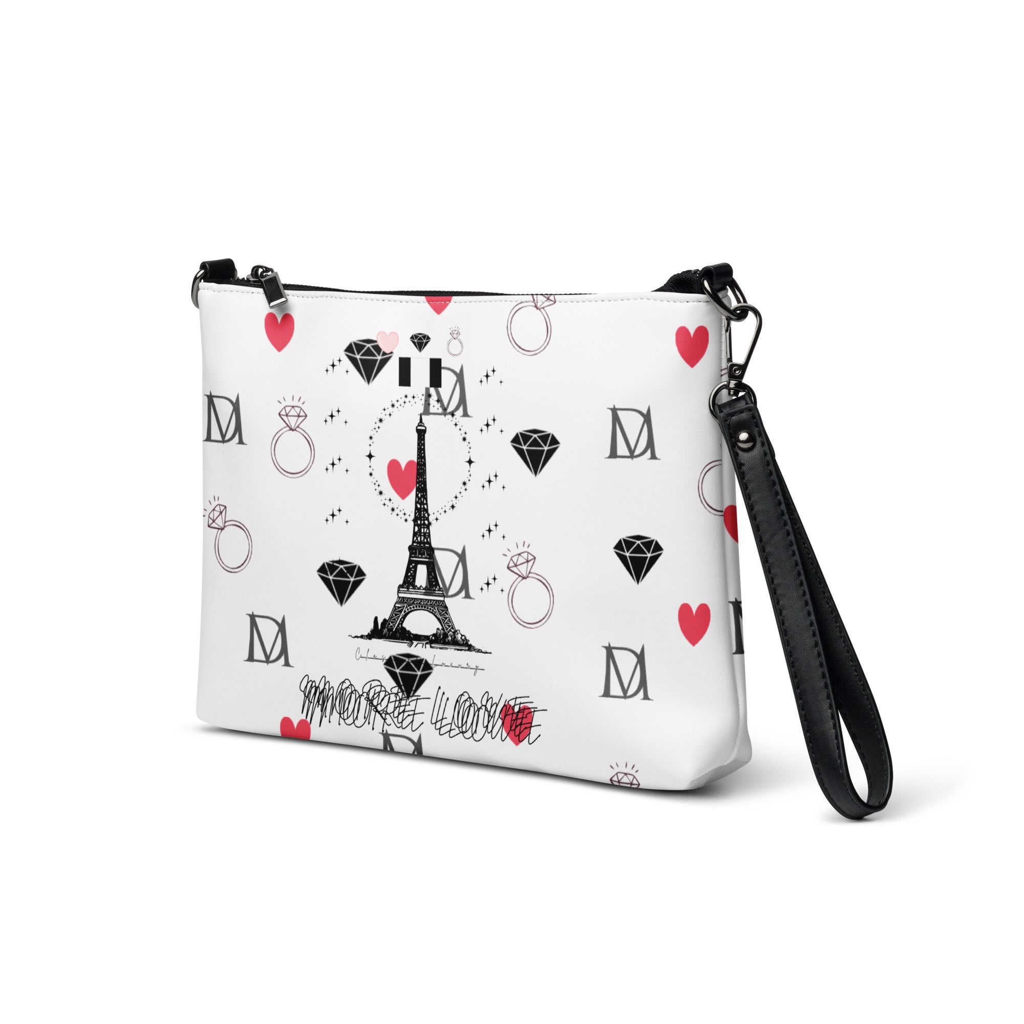 White Borsetta crossbody bag by Daemon Luxury featuring all-over-print design, shown from the left front view.