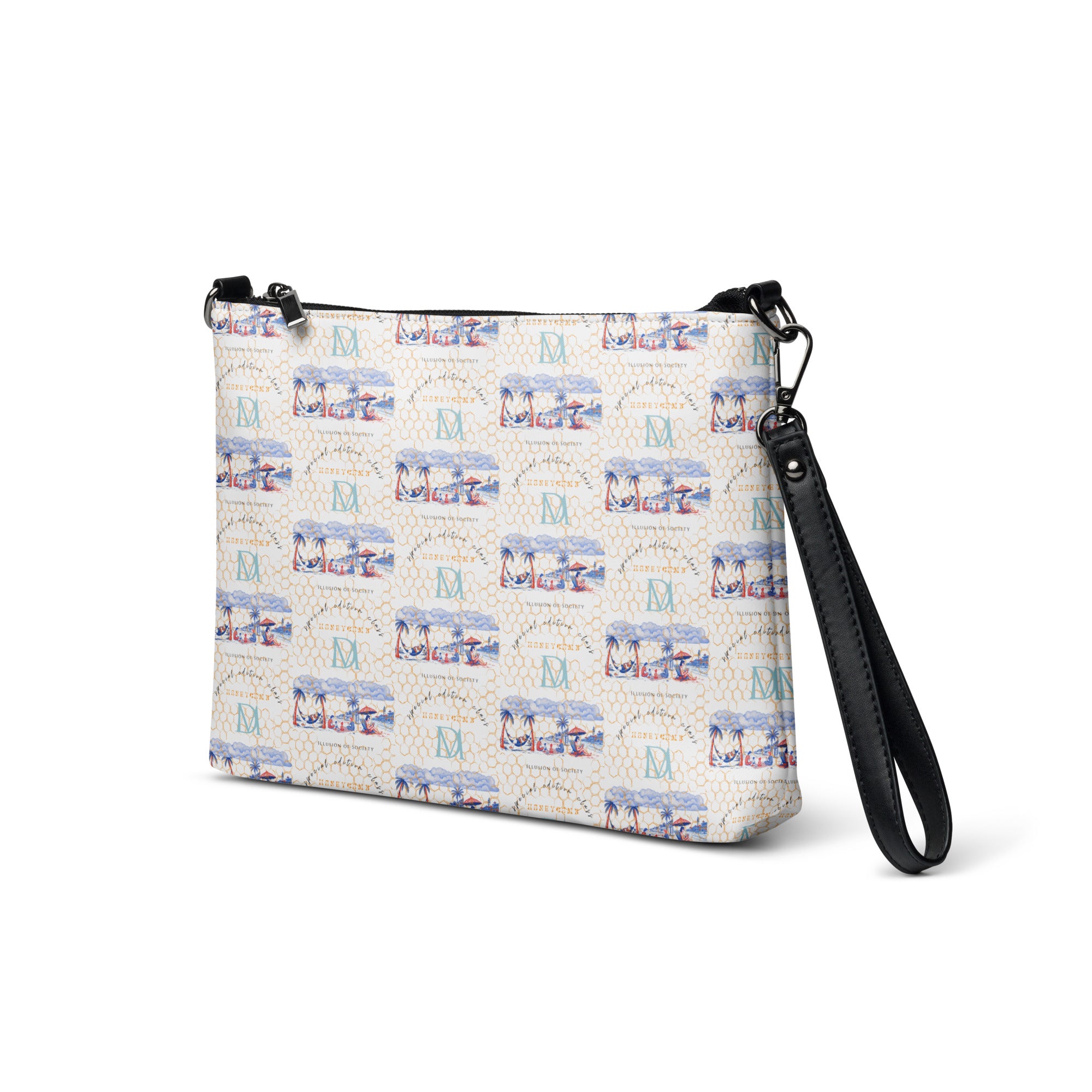 Daemon Luxury Honeybee Intel Forecast crossbody bag with all-over white print, featuring detailed bee and floral design.