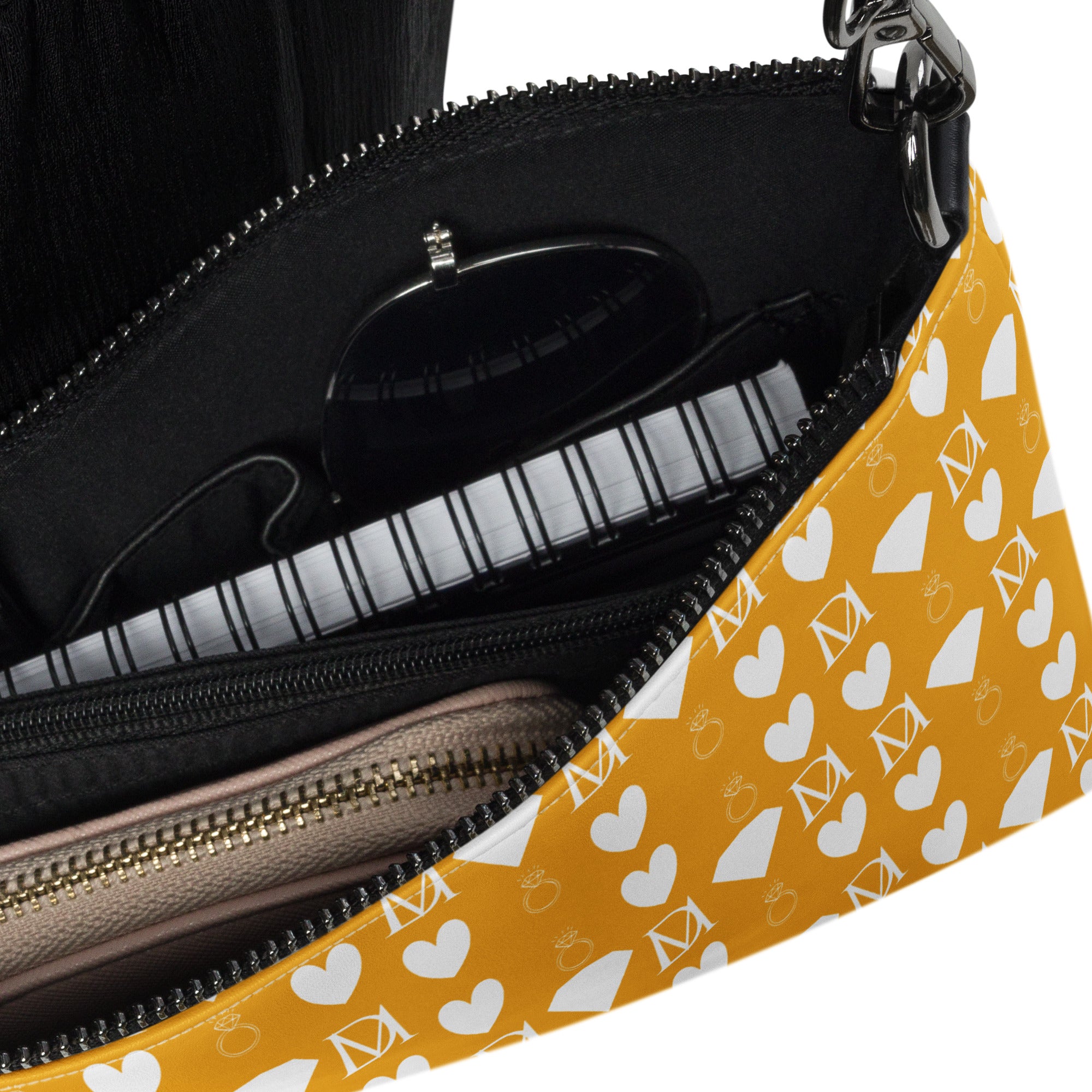 Daemon Luxury Frosted Diamonds crossbody bag with all-over white print, featuring Tarmin Honeybees design and stylish, compact shape.