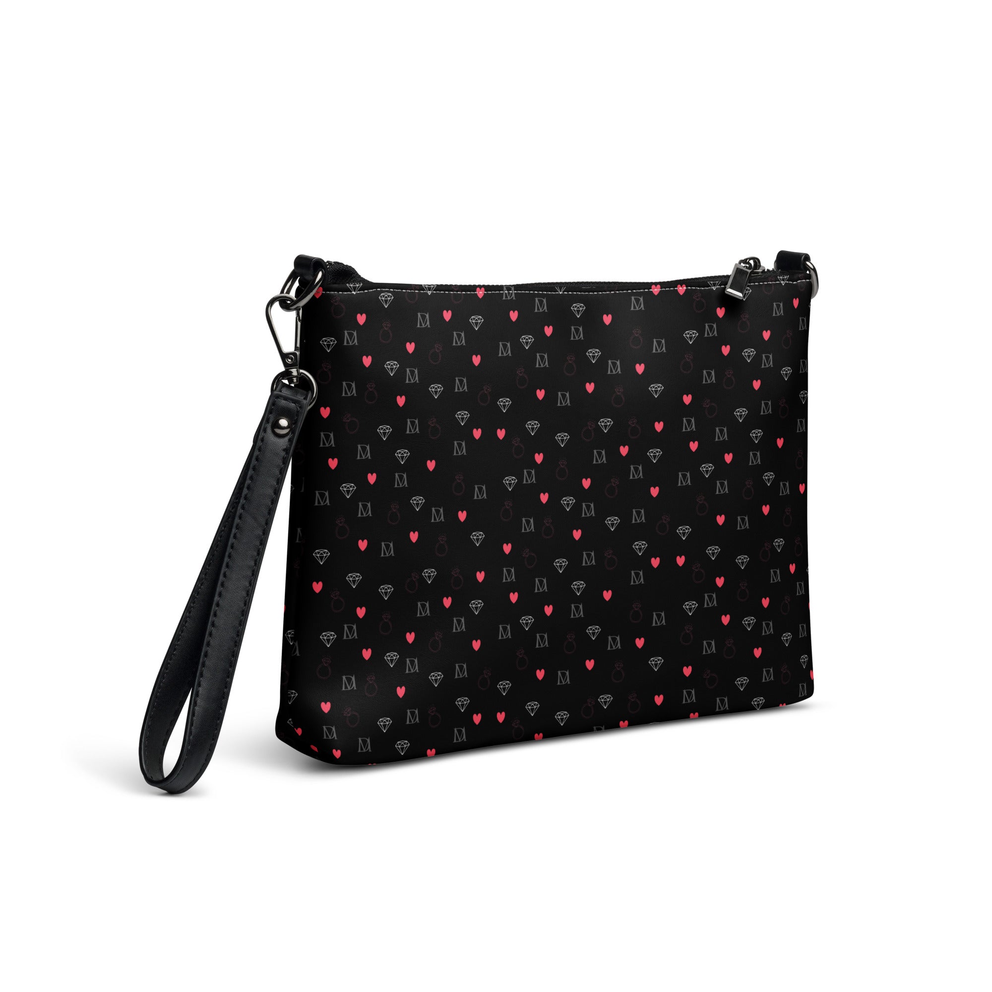 White Borsetta crossbody bag with speckled diamond pattern from Daemon Luxury, showing the back side and all-over print design.