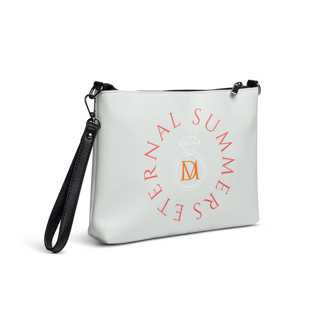 Darkroad For Eternity crossbody bag by Daemon Luxury featuring an all-over white print, shown from the right back angle.