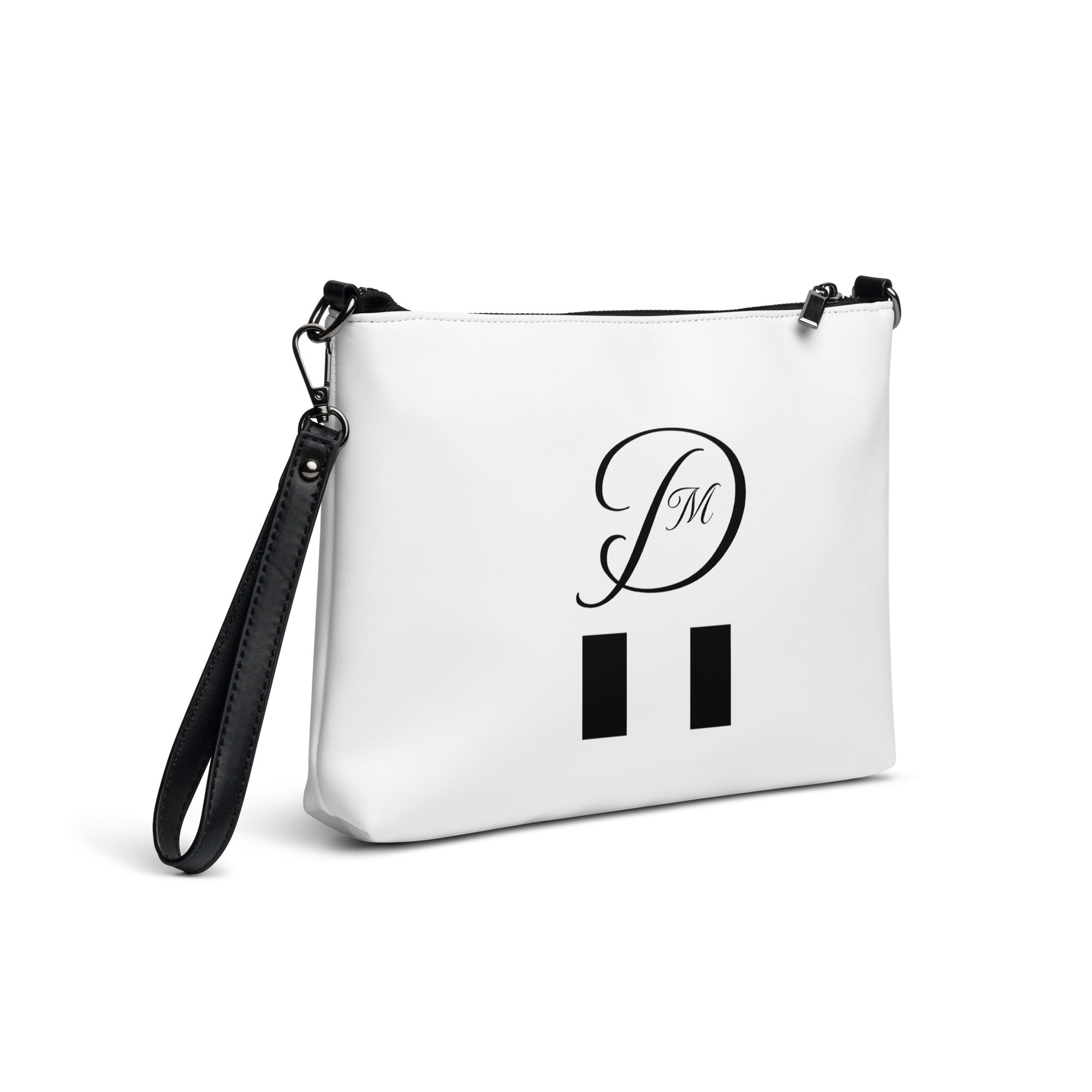 White all-over-print crossbody bag from Daemon Luxury's Metronome Paris (More Love) collection, shown from the right back angle.