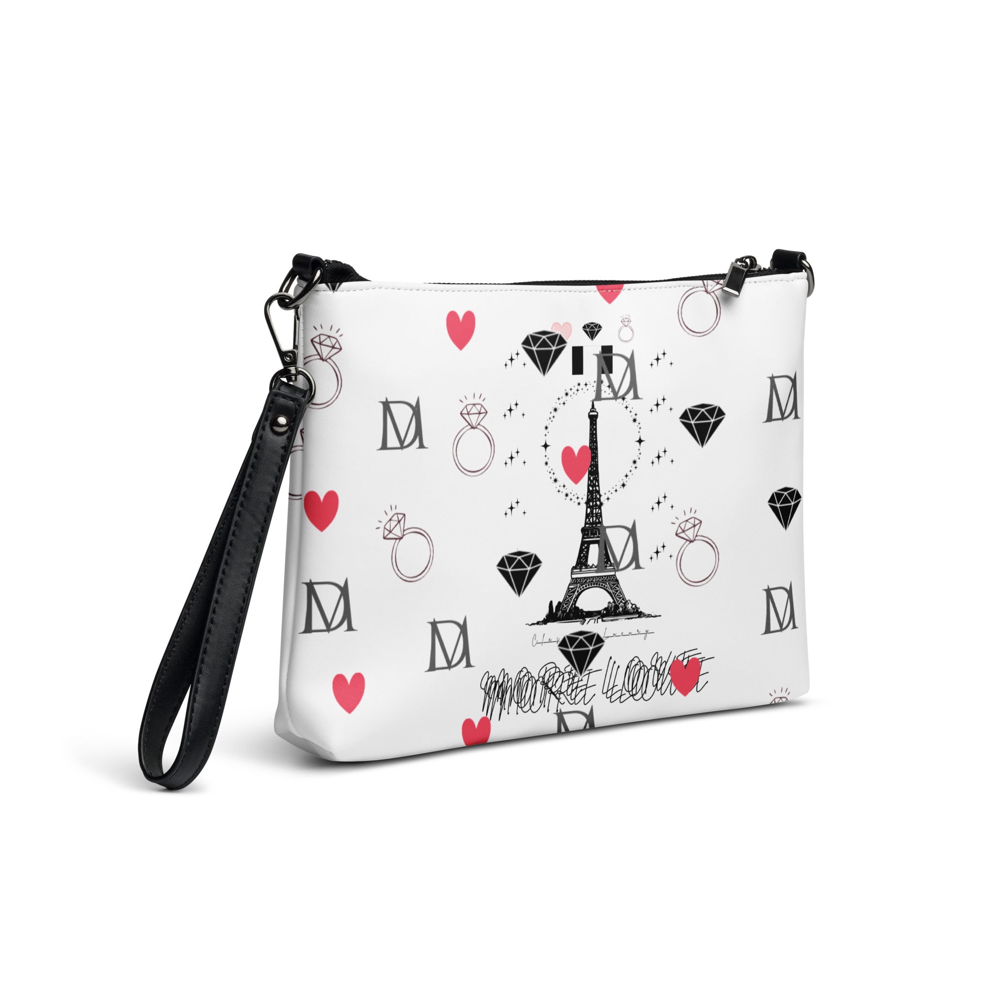 Daemon Luxury Metronome Paris "More Love" crossbody bag with all-over white print, shown from the right back side.