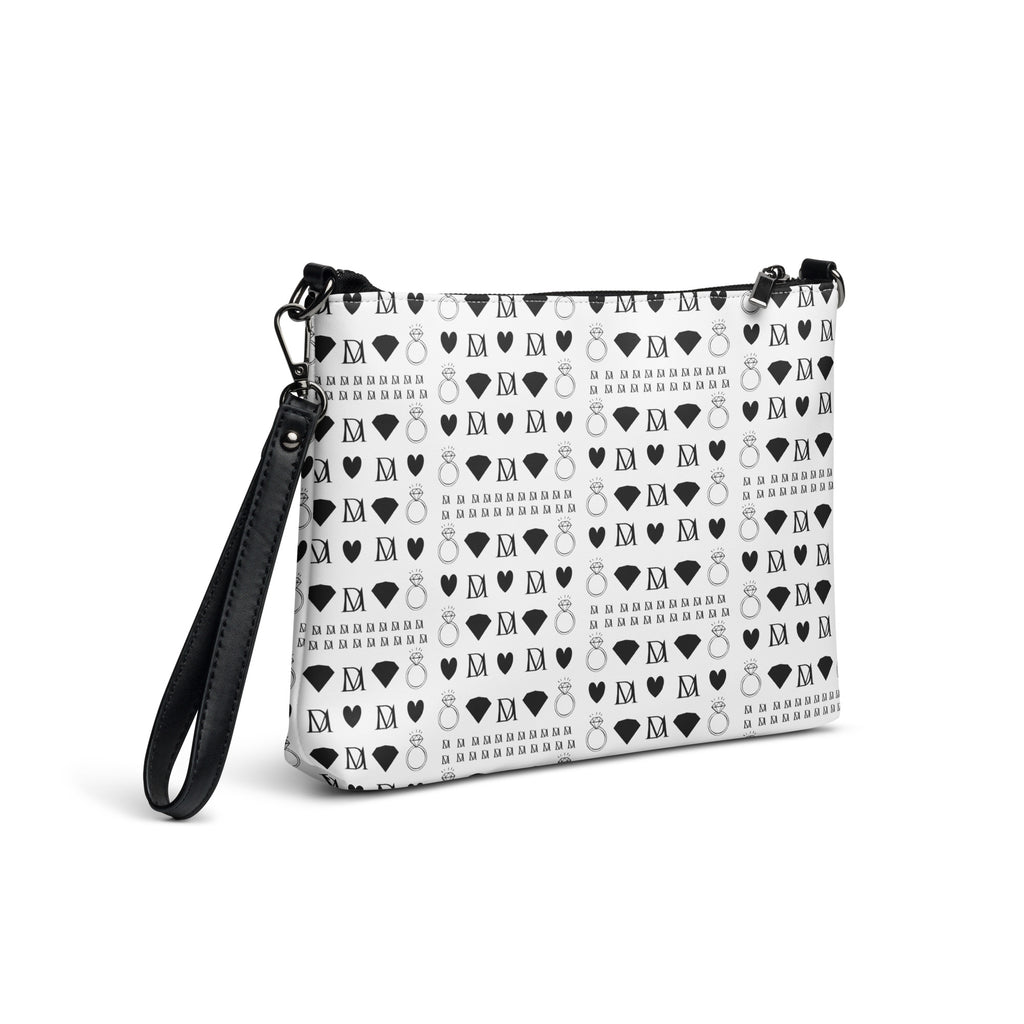 Daemon Luxury Dim Diamonds Artica Blizzard crossbody bag with all-over white diamond print, showing the right-back view.