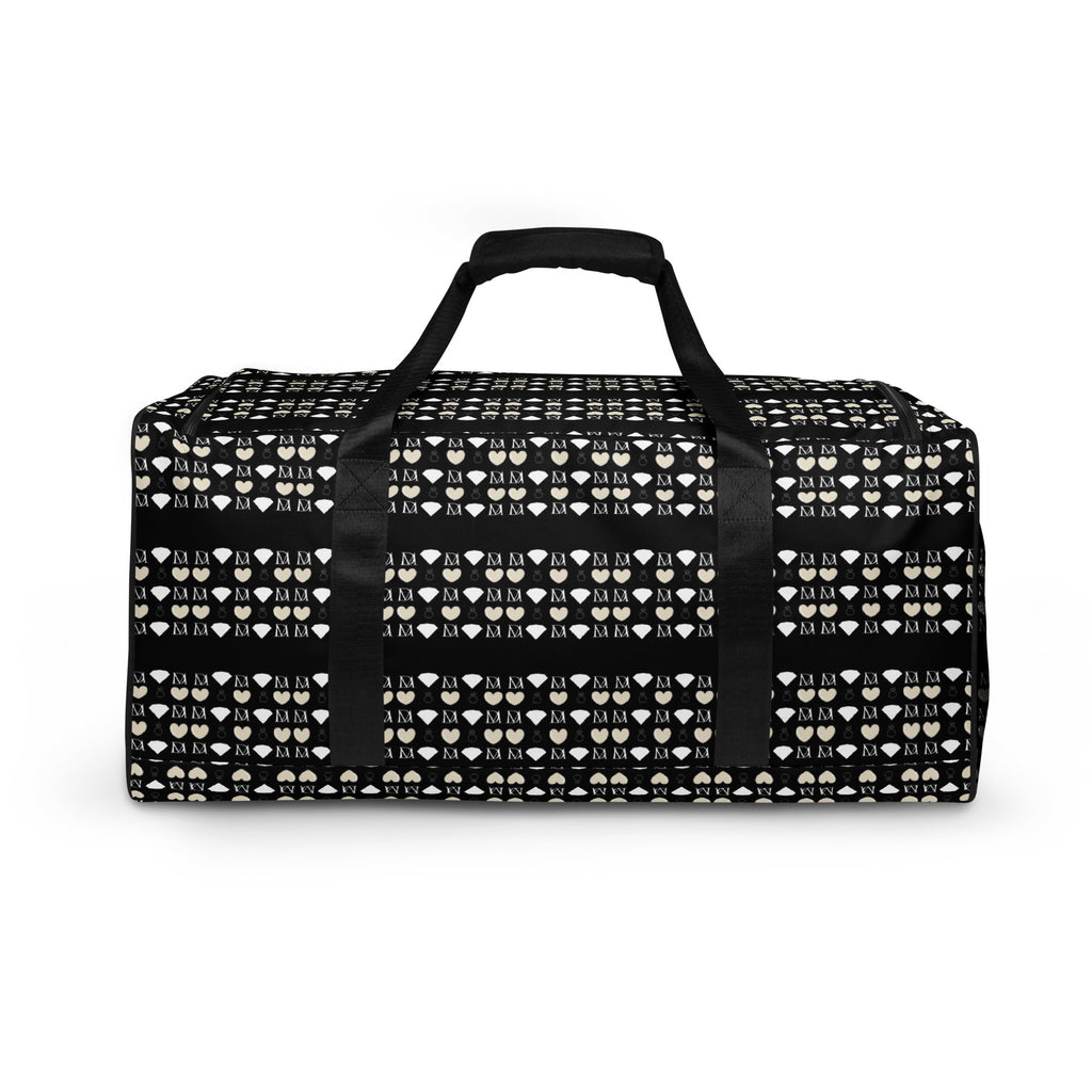 White all-over print duffle bag with frosted diamonds and "Rich Love" design by Daemon, showcasing a spacious and stylish travel bag.