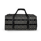White all-over print duffle bag with frosted diamonds and "Rich Love" design by Daemon, showcasing a spacious and stylish travel bag.