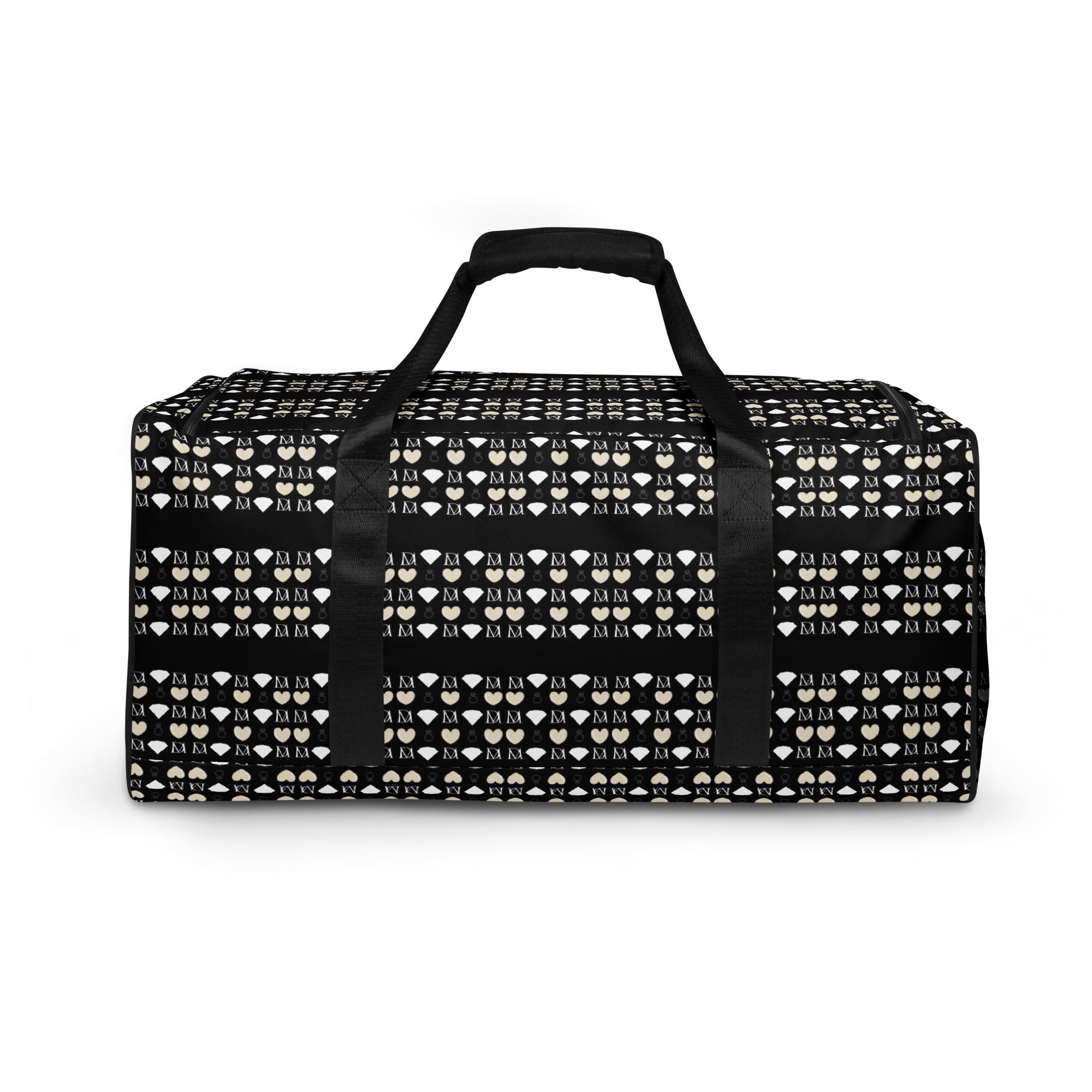 White all-over print duffle bag with frosted diamonds and "Rich Love" design by Daemon, showcasing a spacious and stylish travel bag.