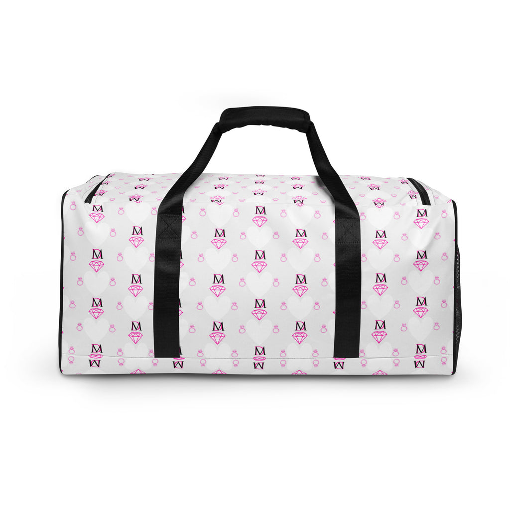 Daemon Luxury Frosted Hearts Artica duffle bag with all-over white print, featuring a stylish and spacious design for travel or gym use.