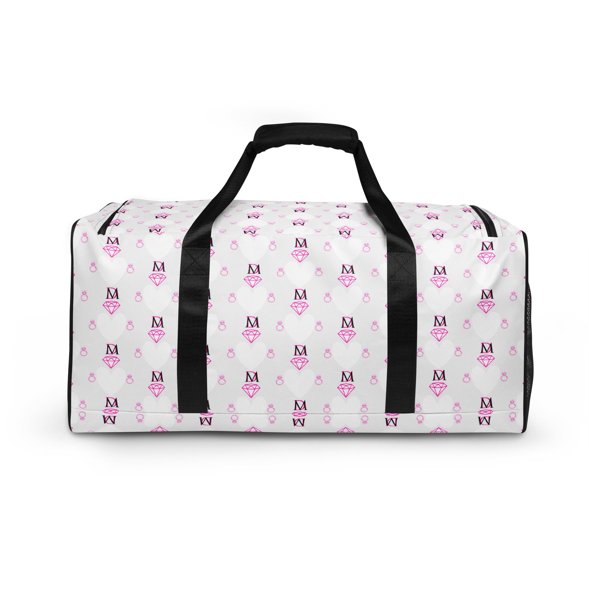 Daemon Luxury Frosted Hearts Artica duffle bag with all-over white print, featuring a stylish and spacious design for travel or gym use.