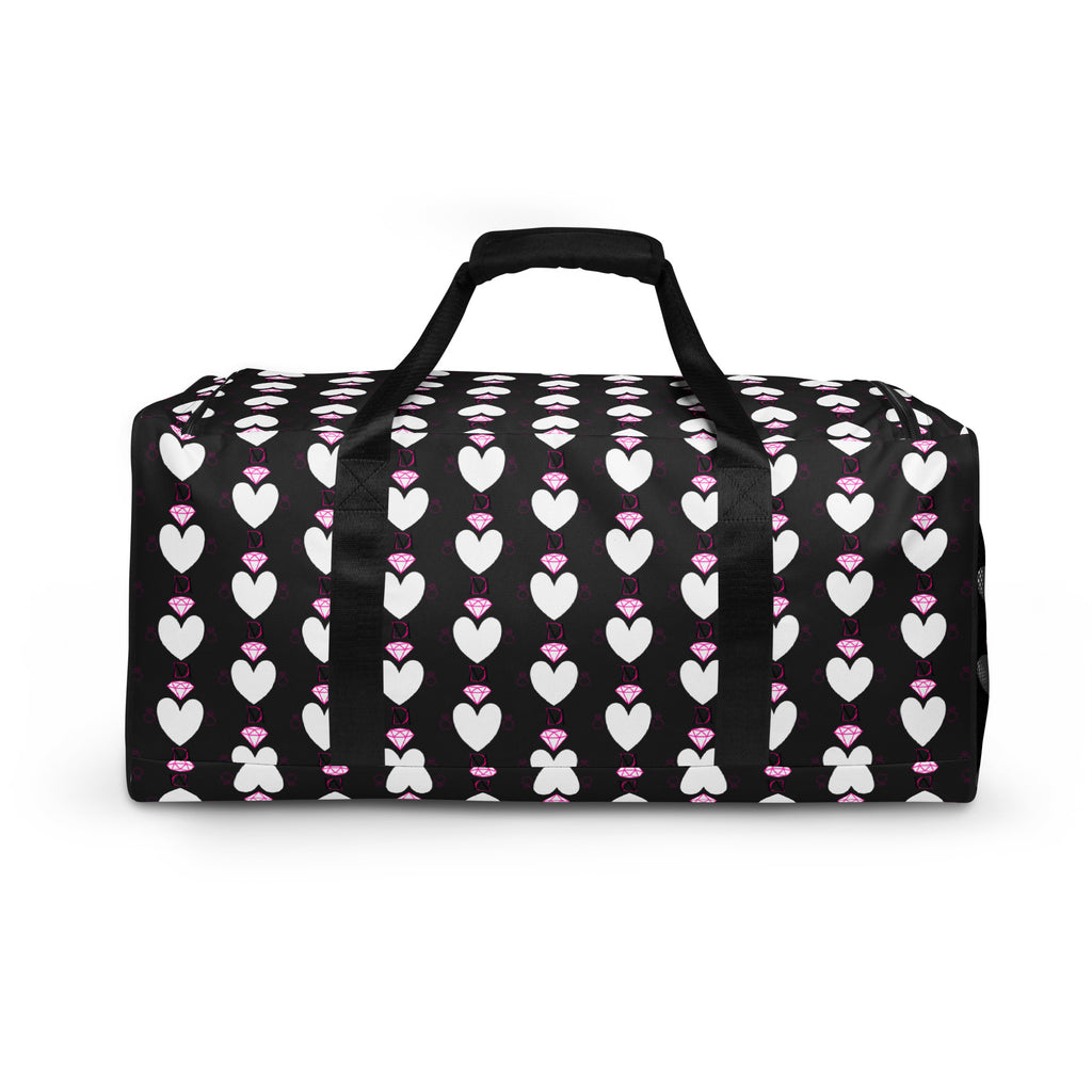 Daemon Luxury Frosted Hearts Nemesis Borsone all-over-print duffle bag with white background and heart pattern design.