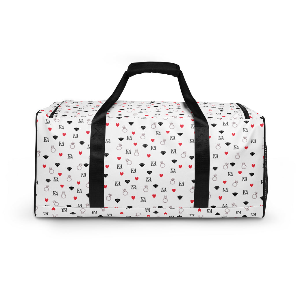 Daemon Luxury Speckled Diamonds Artica Blizzard all-over-print duffle bag with white background and vibrant diamond pattern.