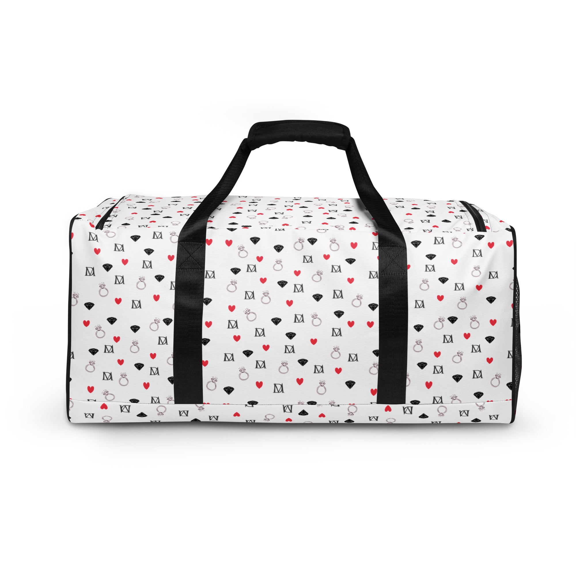 Daemon Luxury Speckled Diamonds Artica Blizzard all-over-print duffle bag with white background and vibrant diamond pattern.
